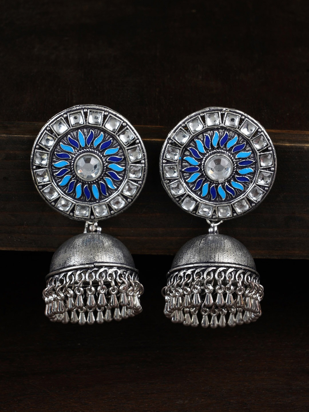 

FIROZA Silver-Toned & Blue Dome Shaped Jhumkas Earrings