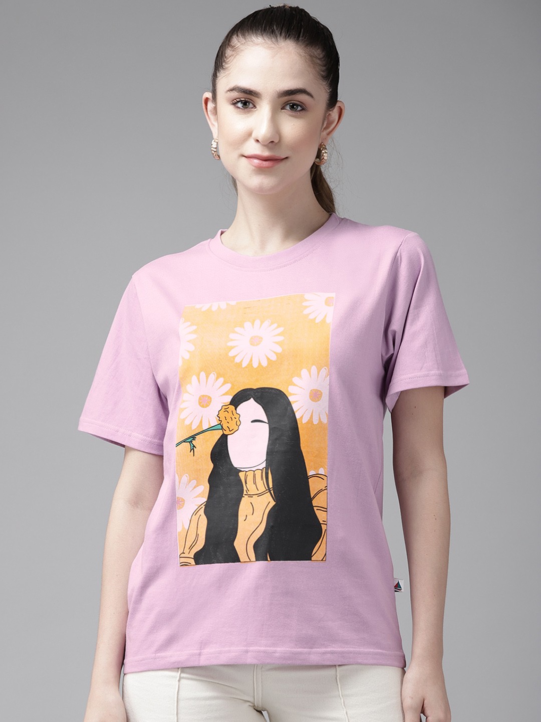 

The Dry State Women Lavender & Coral Orange Graphic Print Cotton Loose T-shirt