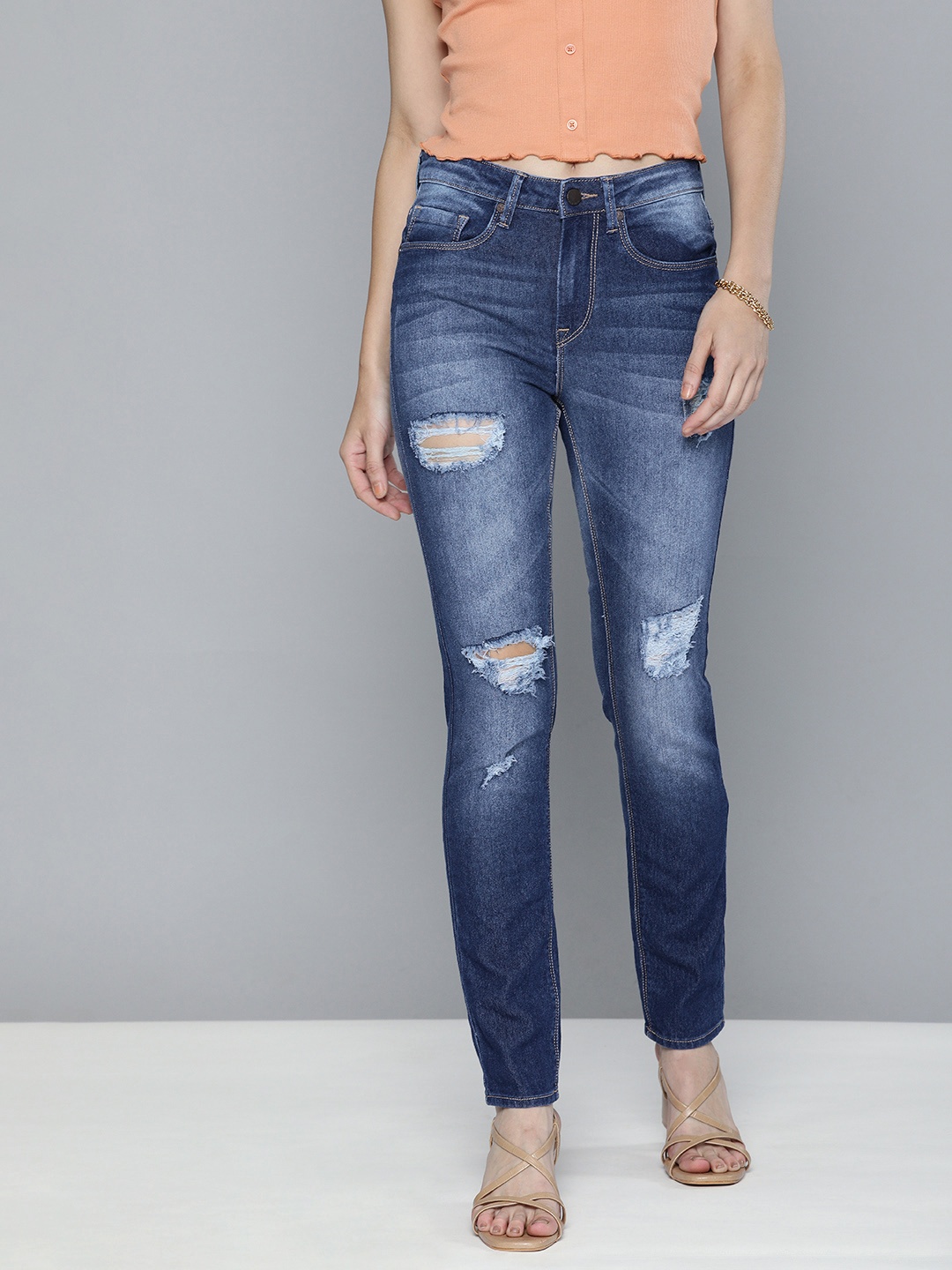 

HERE&NOW Women Blue Slim Fit Highly Distressed Heavy Fade Stretchable Casual Jeans