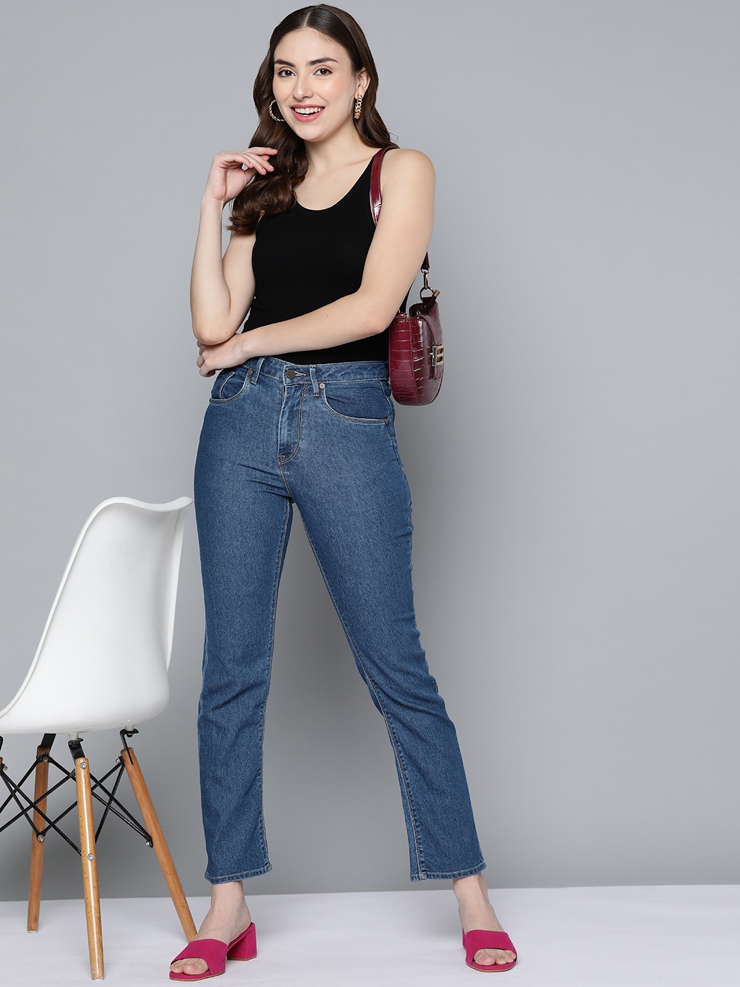 

HERE&NOW Women Blue Straight Fit High-Rise Stretchable Jeans
