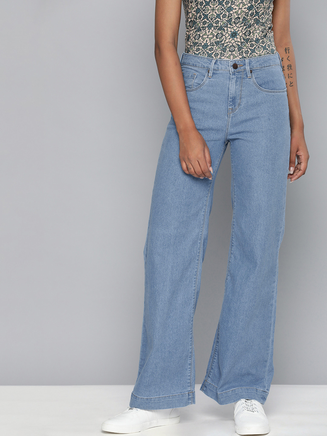 

HERE&NOW Women Blue Wide Leg Mid-Rise Stretchable Jeans