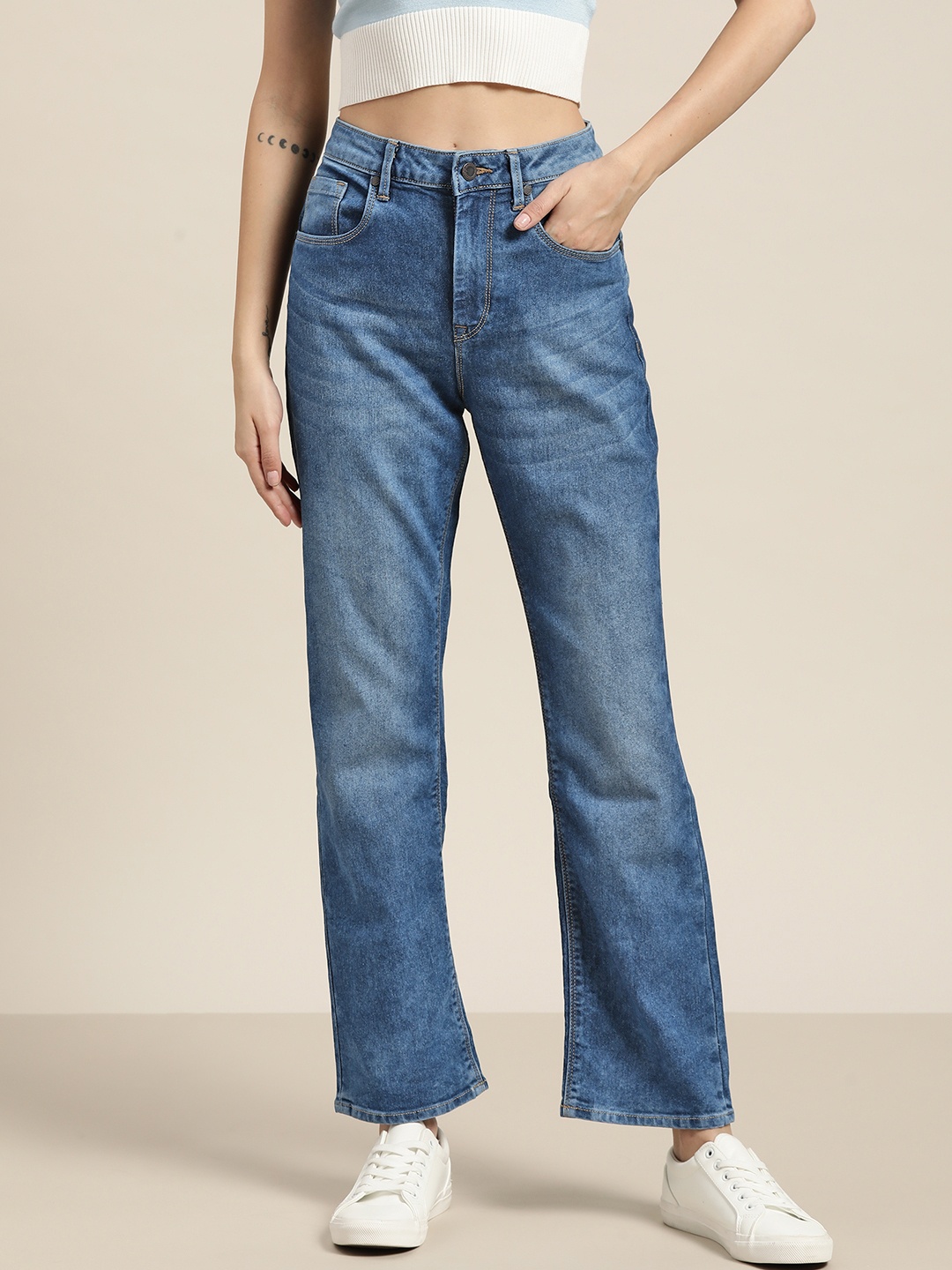 

Moda Rapido Women Blue Straight Fit High-Rise Light Fade Stretchable Jeans