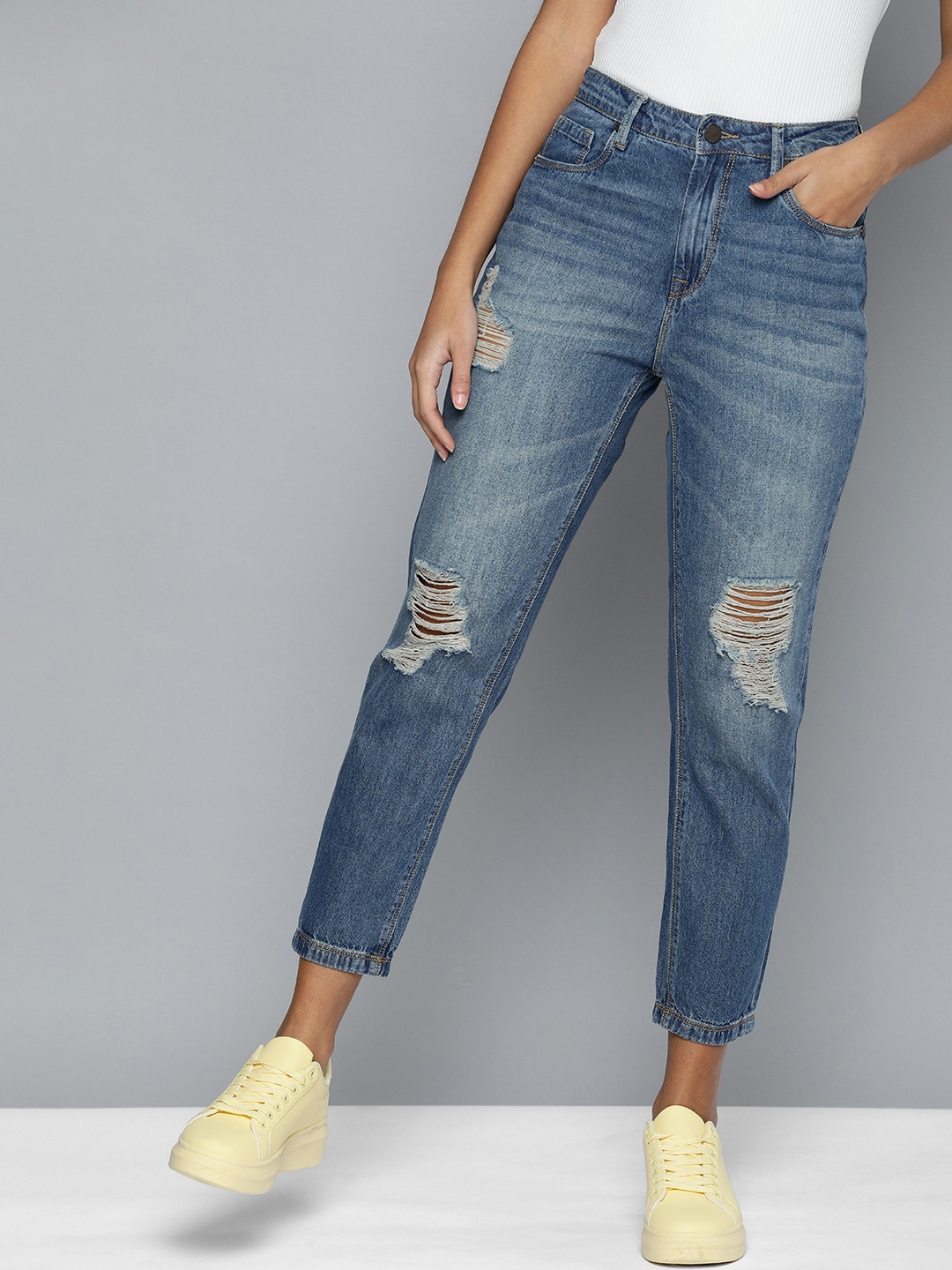 

HERE&NOW Women Blue Boyfriend Fit High-Rise Mildly Distressed Light Fade Jeans