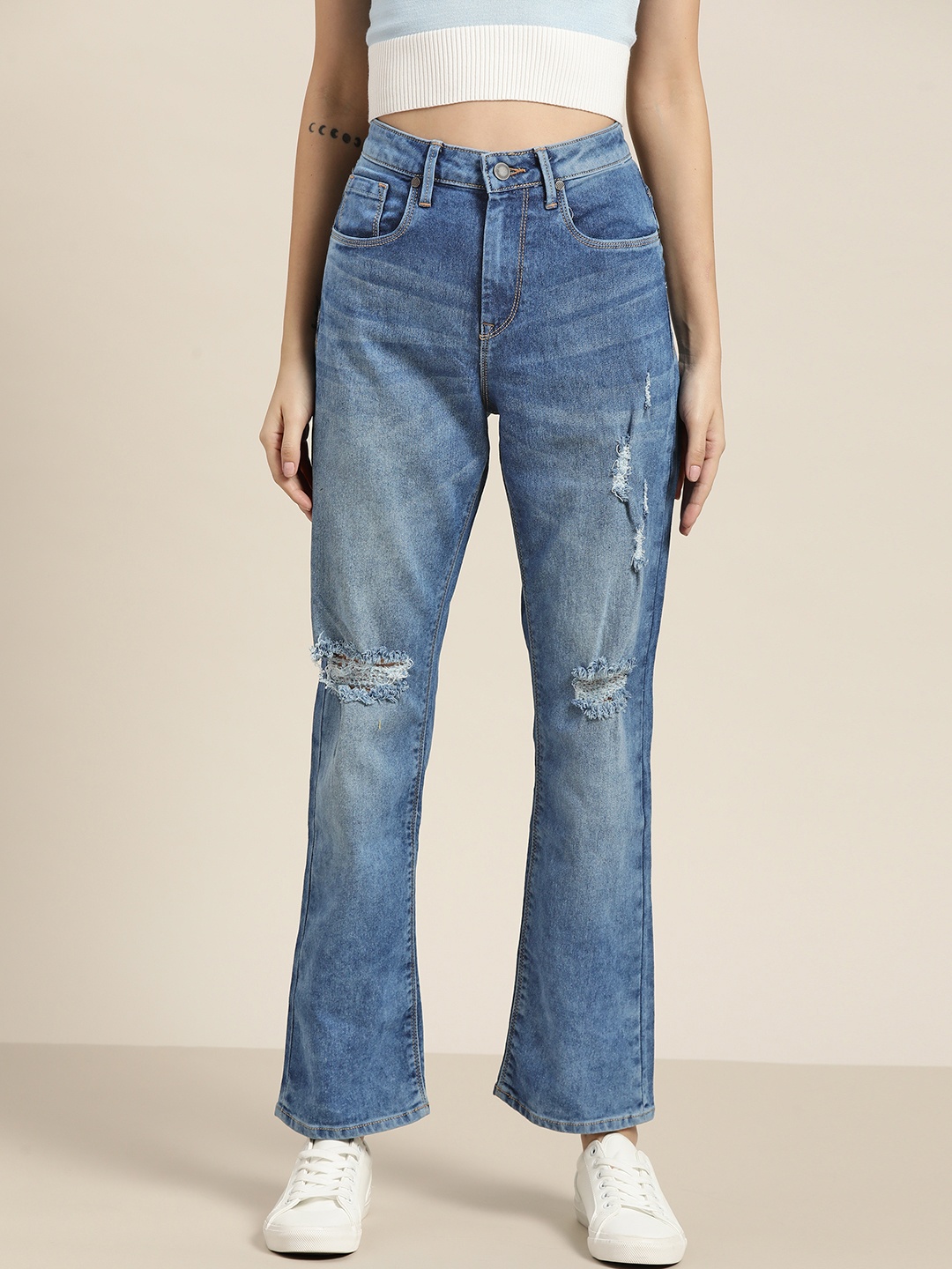 

Moda Rapido Women Blue Straight Fit High-Rise Mildly Distressed Light Fade Stretchable Jeans