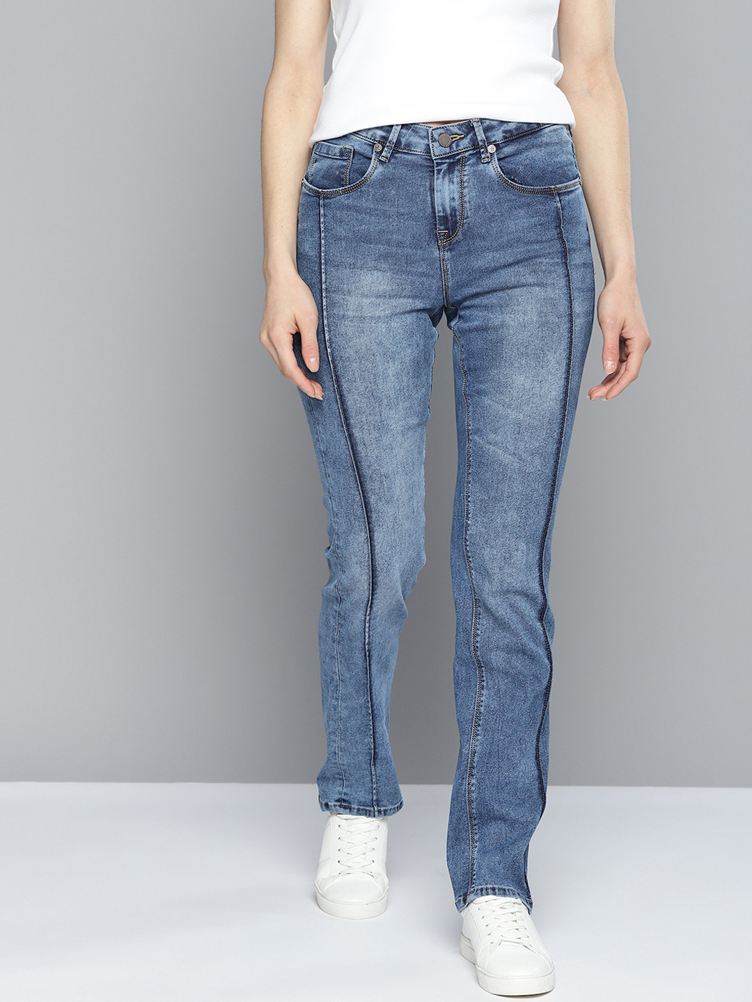 

HERE&NOW Women Blue Slim Fit High-Rise Front Seam Light Fade Stretchable Jeans