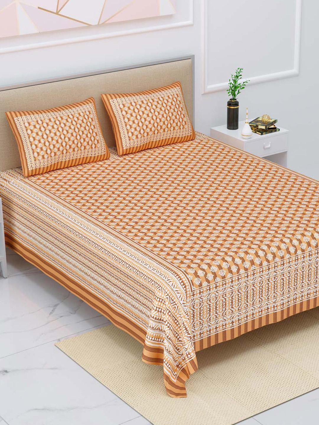 

JAIPUR FABRIC Yellow & White Floral 180 TC Queen Bedsheet with 2 Pillow Covers