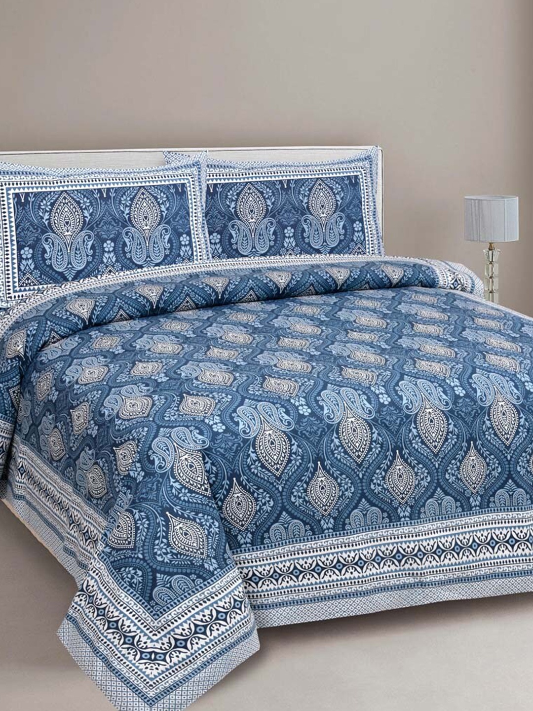 

JAIPUR FABRIC Blue & White Ethnic Motifs 180 TC Queen Bedsheet with 2 Pillow Covers