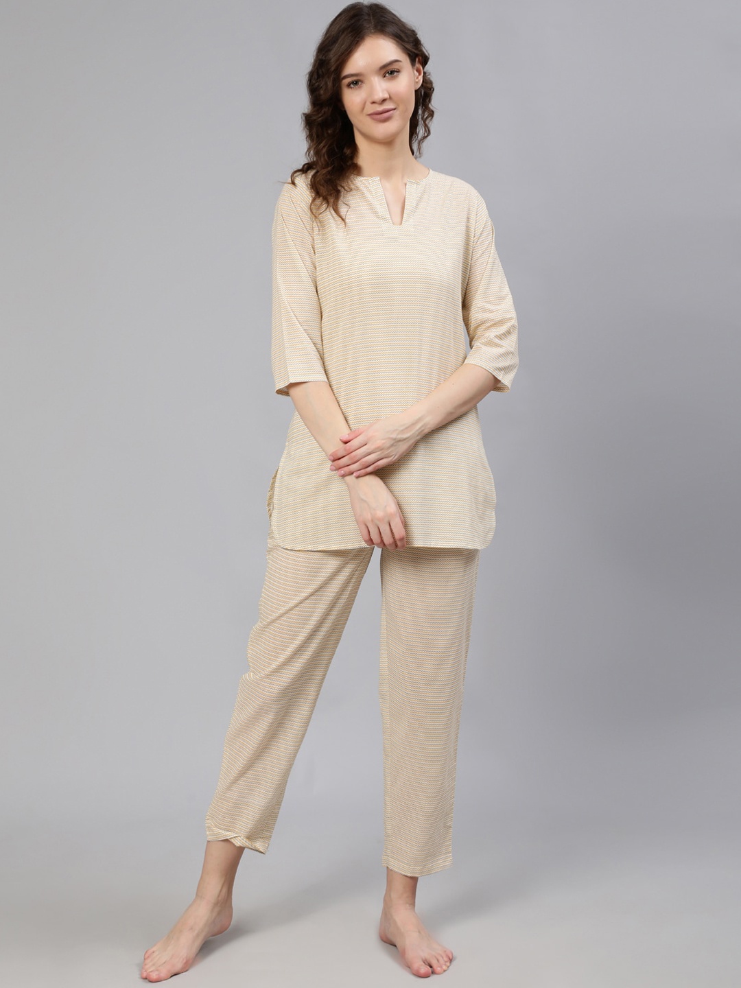 

Nayo Women Cream-Coloured & Yellow Striped Pure Cotton Night suit