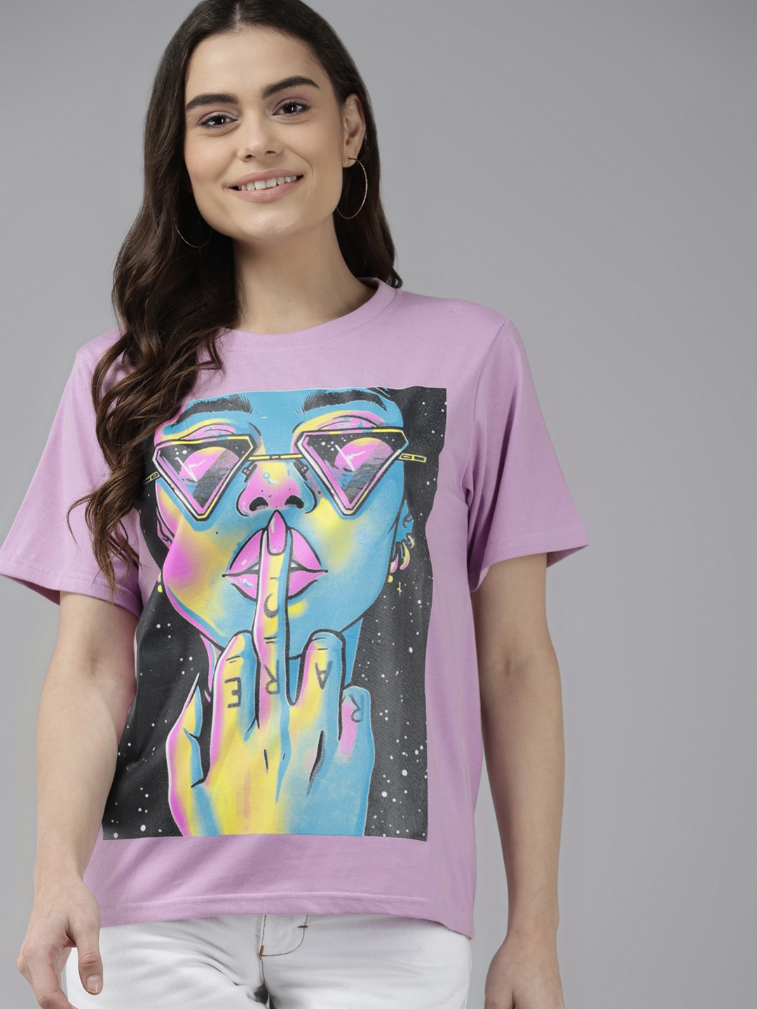 

The Dry State Women Lavender & Black Printed Pure Cotton Loose T-shirt