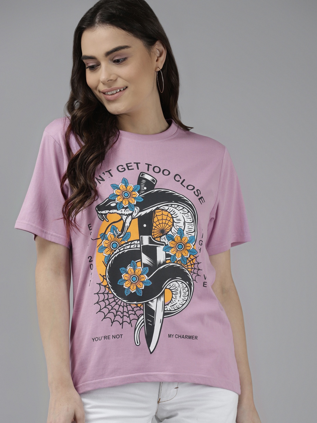 

The Dry State Women Lavender & Black Graphic Printed Pure Cotton Loose T-shirt