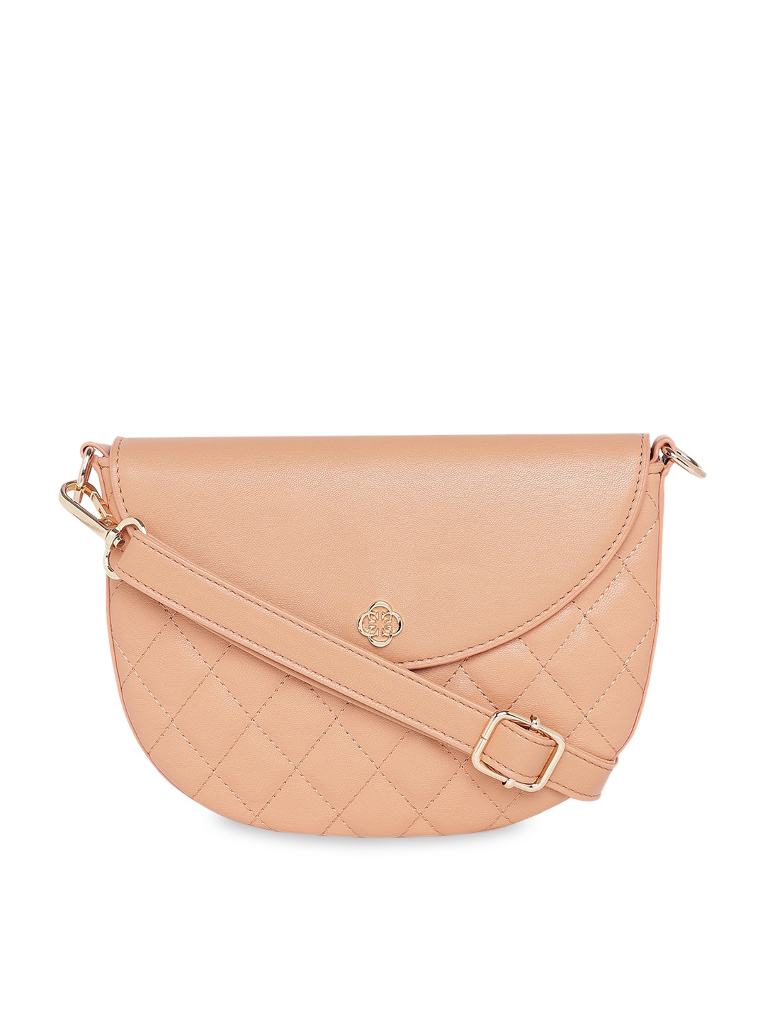 

CERIZ Peach-Coloured Textured PU Half Moon Sling Bag with Quilted