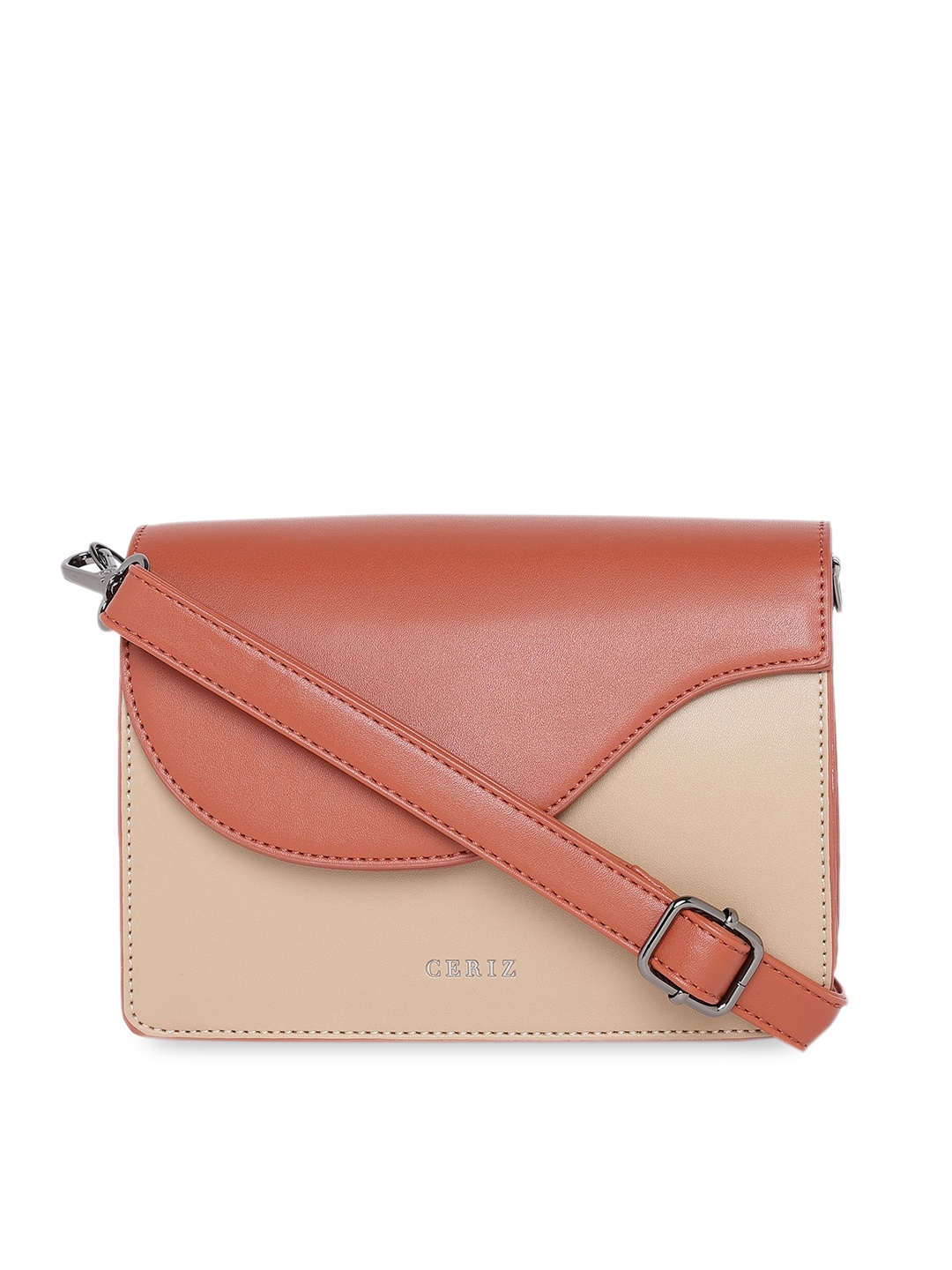 

CERIZ Brown & Cream-Coloured Colourblocked Structured Sling Bag