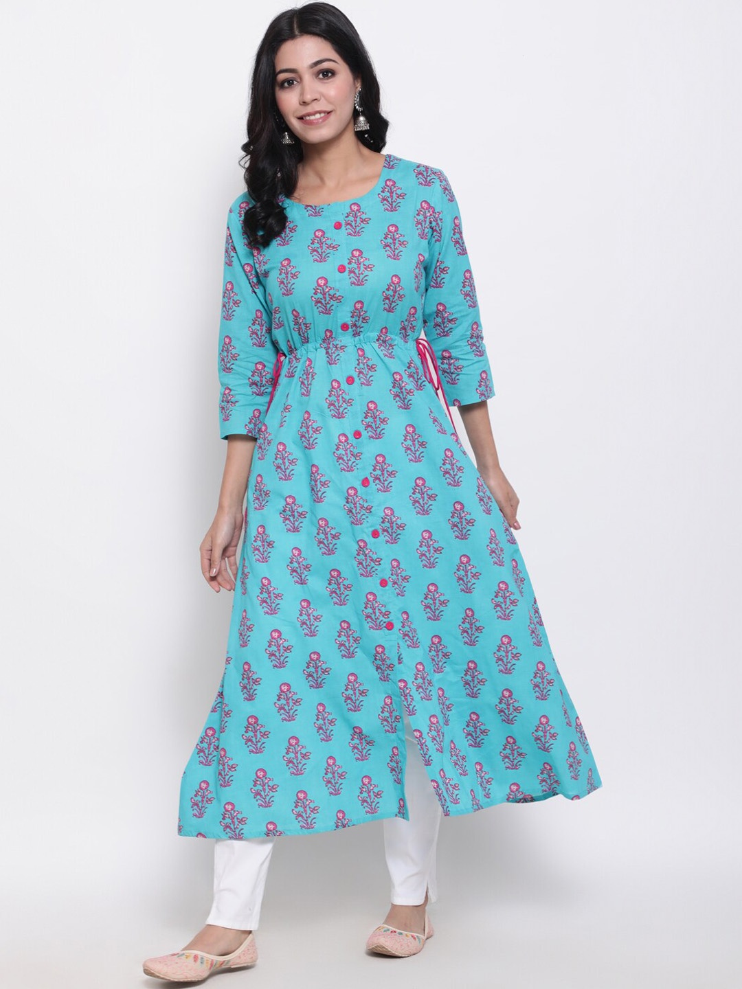 

GLAM ROOTS Women Turquoise Blue & Pink Ethnic Motifs Printed Cotton Kurta