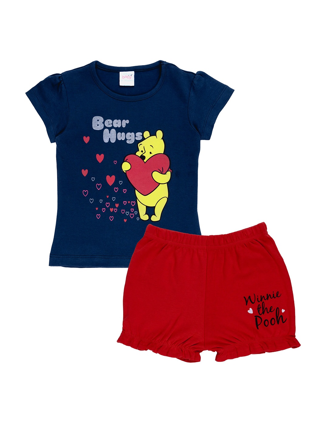 

Disney Girls Blue & Red Winnie The Pooh Printed Pure Cotton T-shirt with Shorts