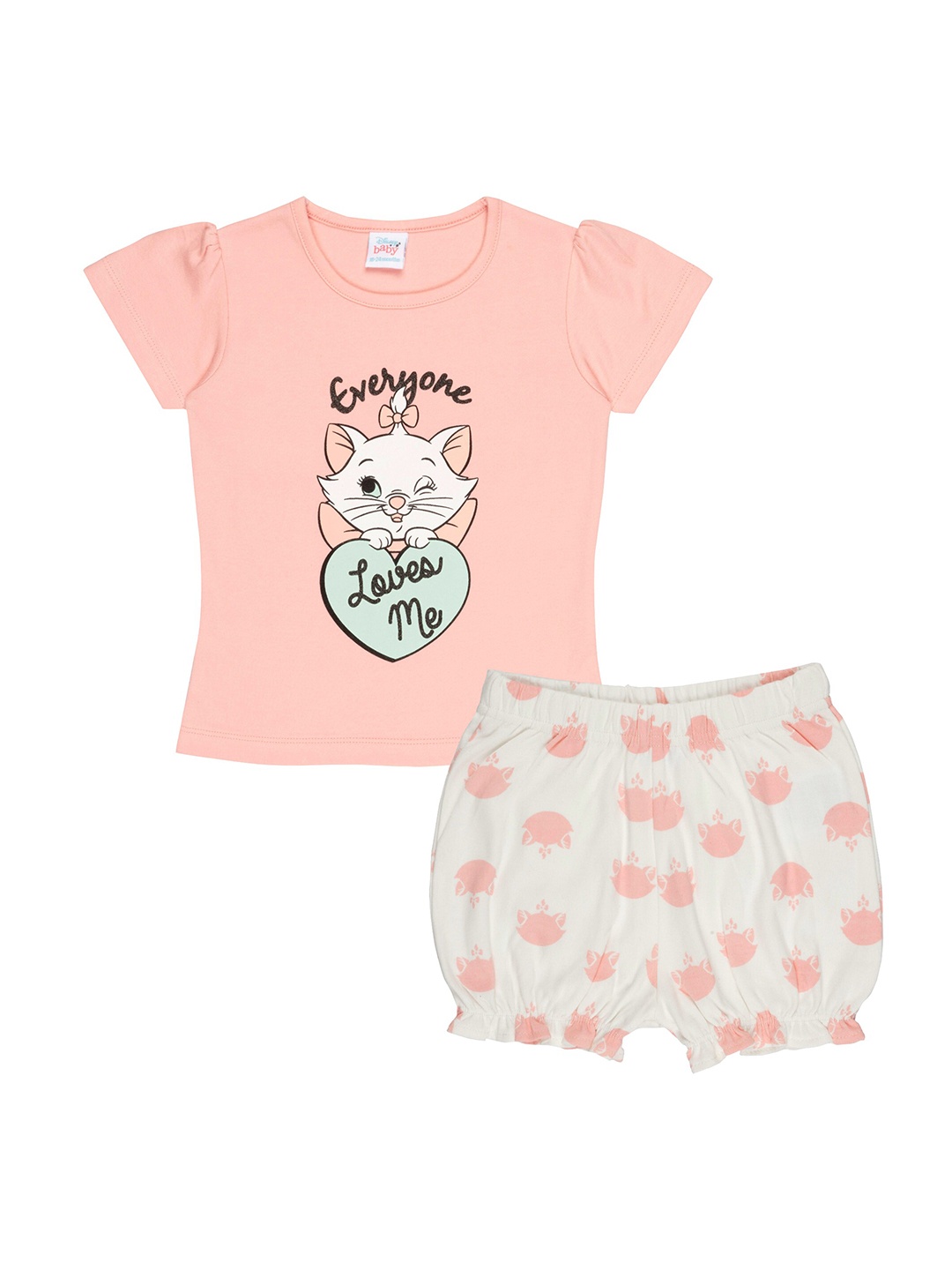 

Disney Girls Peach-Coloured & White Pure Cotton Printed T-shirt with Shorts