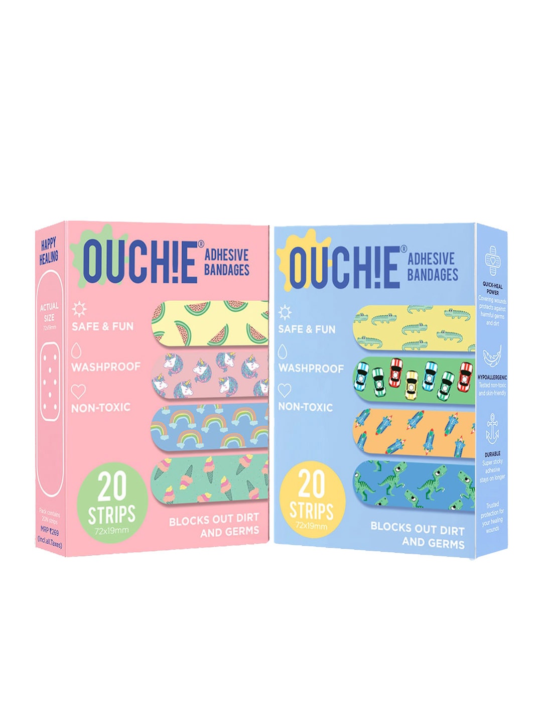 

OUCHIE Kids Set of 2 Non-Toxic Printed Bandages - 20 Strips Each, Multi