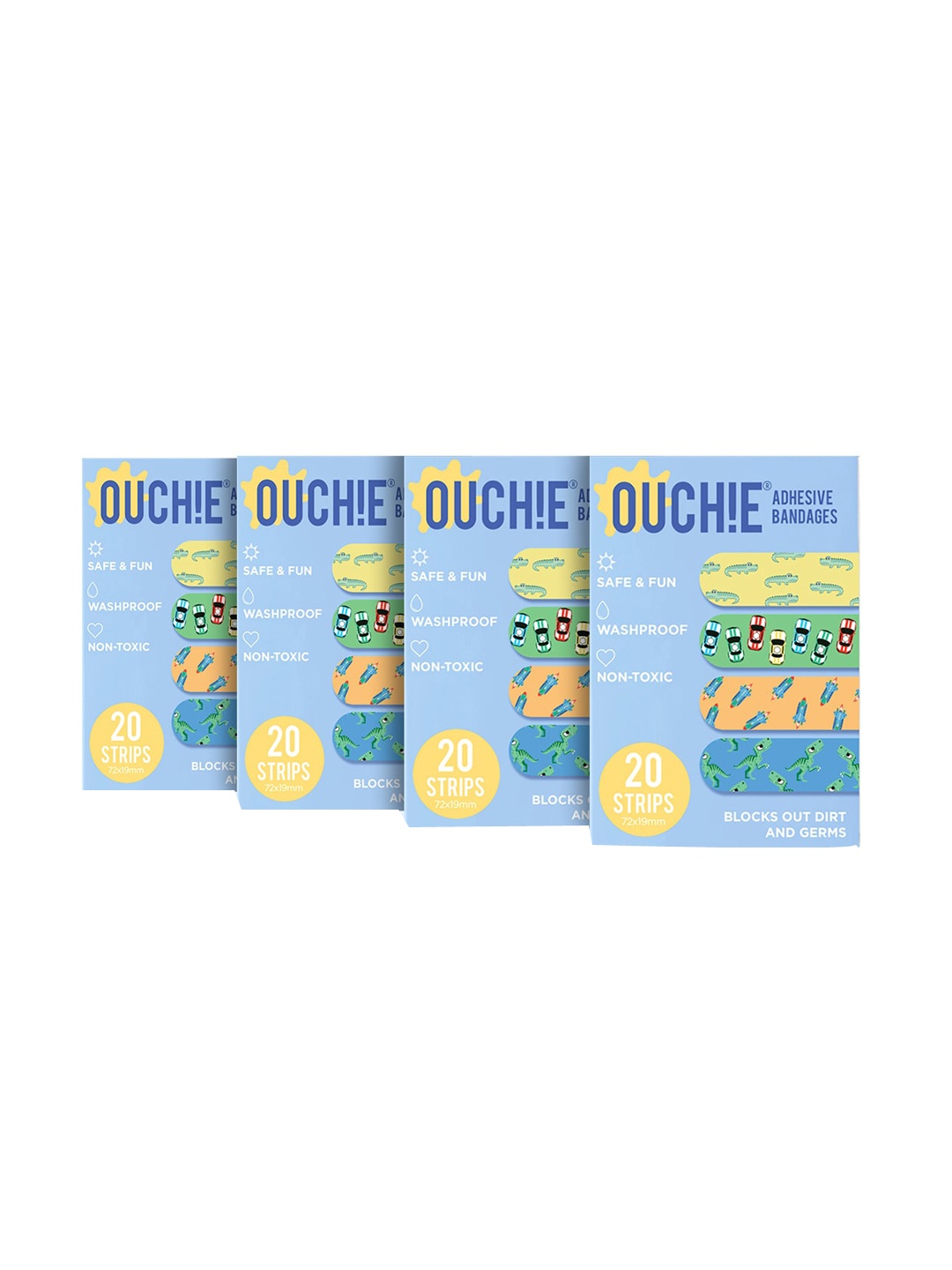 

OUCHIE Kids Set of 4 Non-Toxic Printed Bandages - 20 Strips Each, Blue