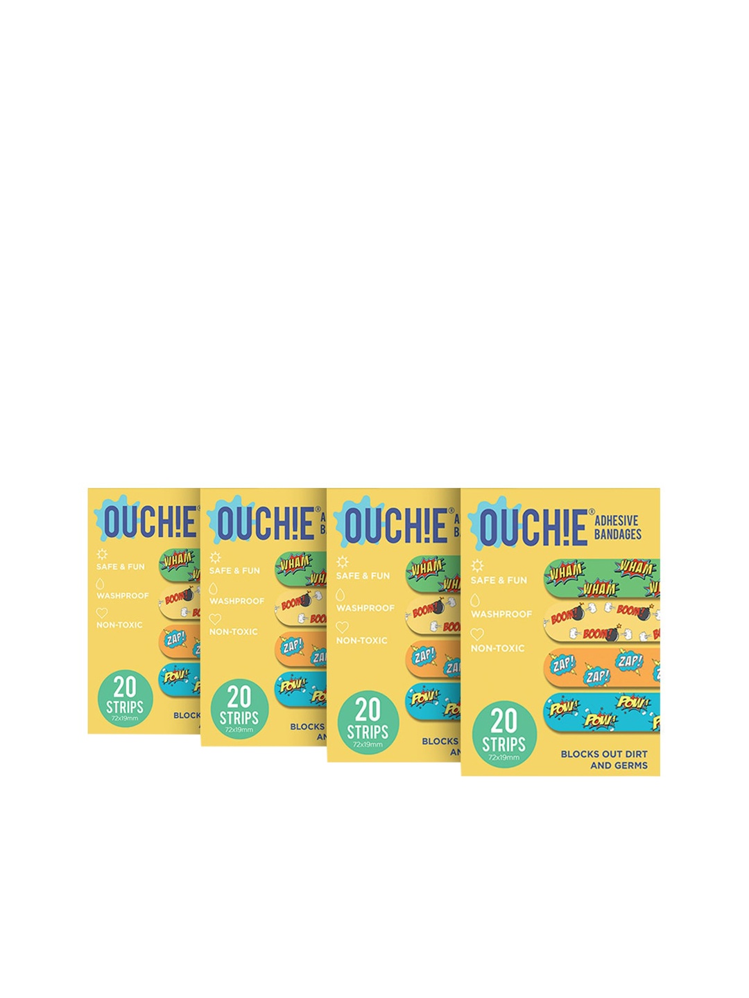 

OUCHIE Kids Set of 4 Non-Toxic Printed Bandages - 20 Strips Each, Yellow