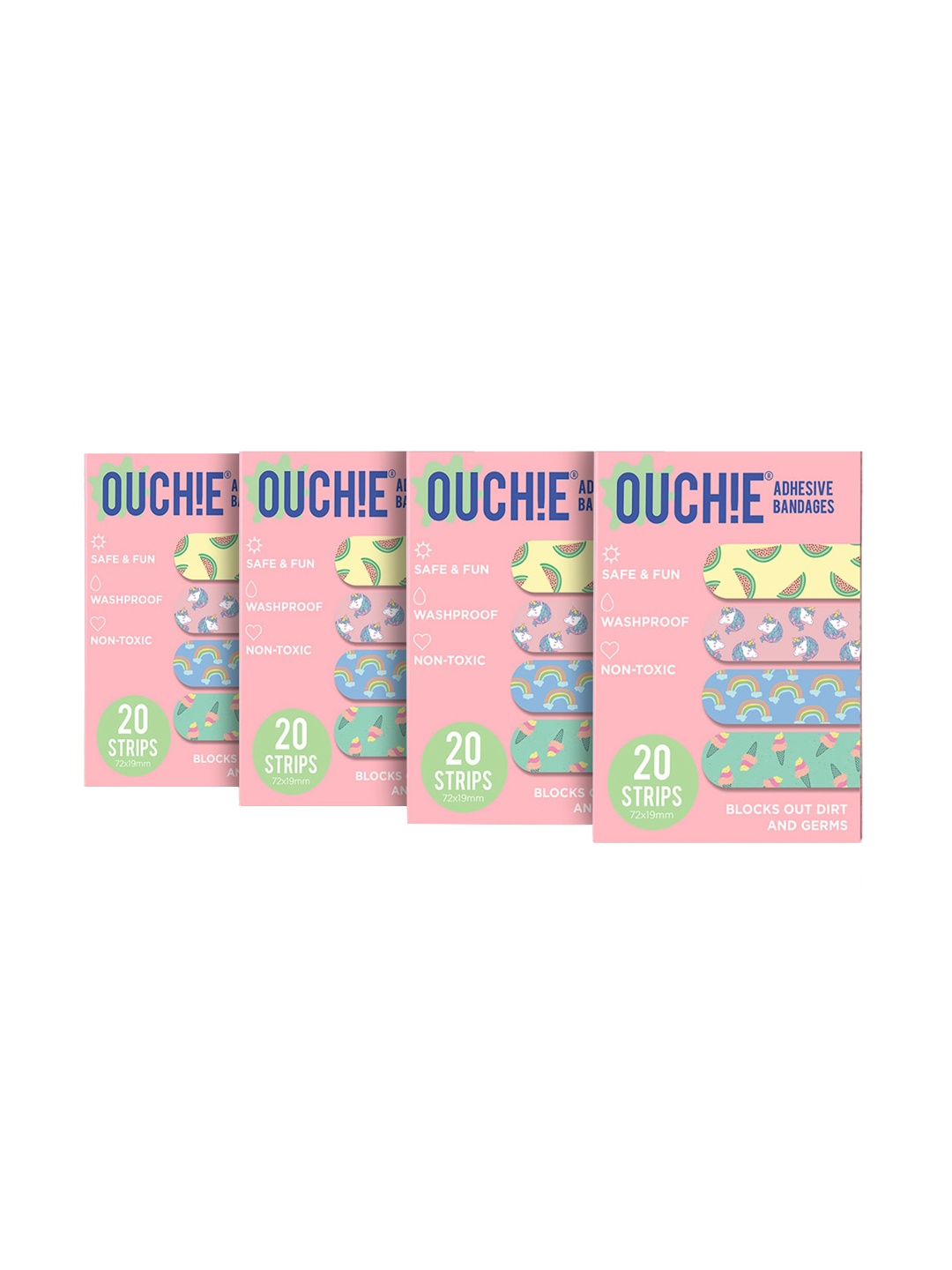 

OUCHIE Kids Set of 4 Non-Toxic Printed Bandages - 20 Strips Each, Pink