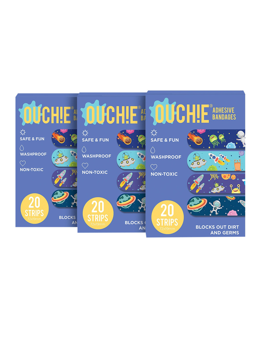 

OUCHIE Kids Set of 3 Non-Toxic Printed Bandages - 20 Strips Each, Navy blue