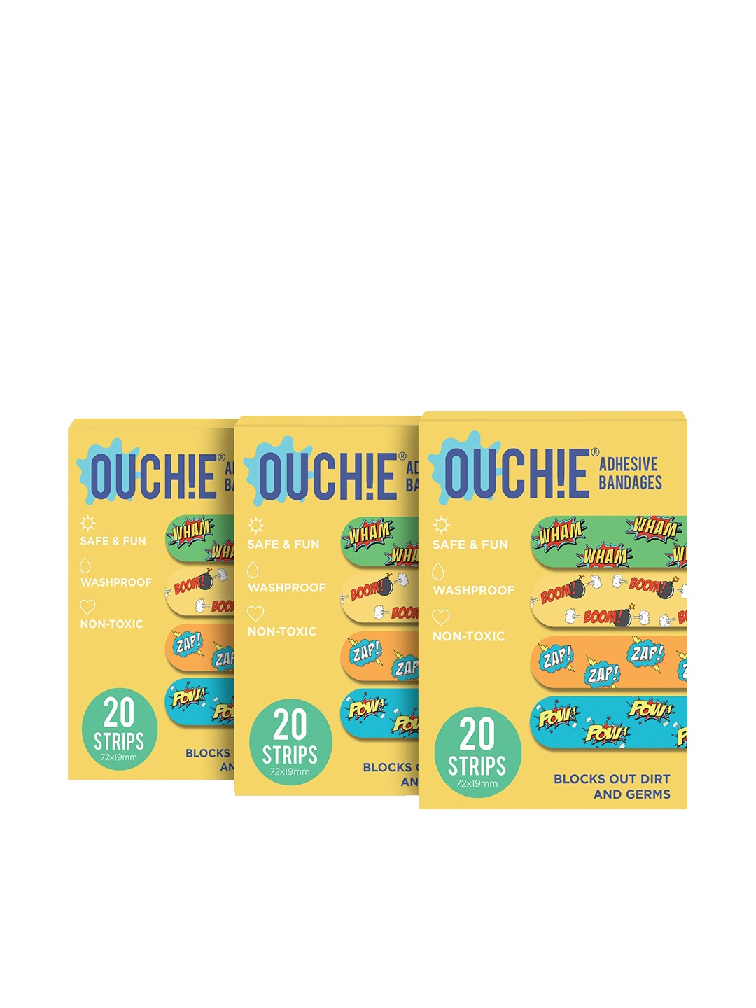 

OUCHIE Kids Set of 3 Yellow Non-Toxic Printed Bandages - 20 Strips each