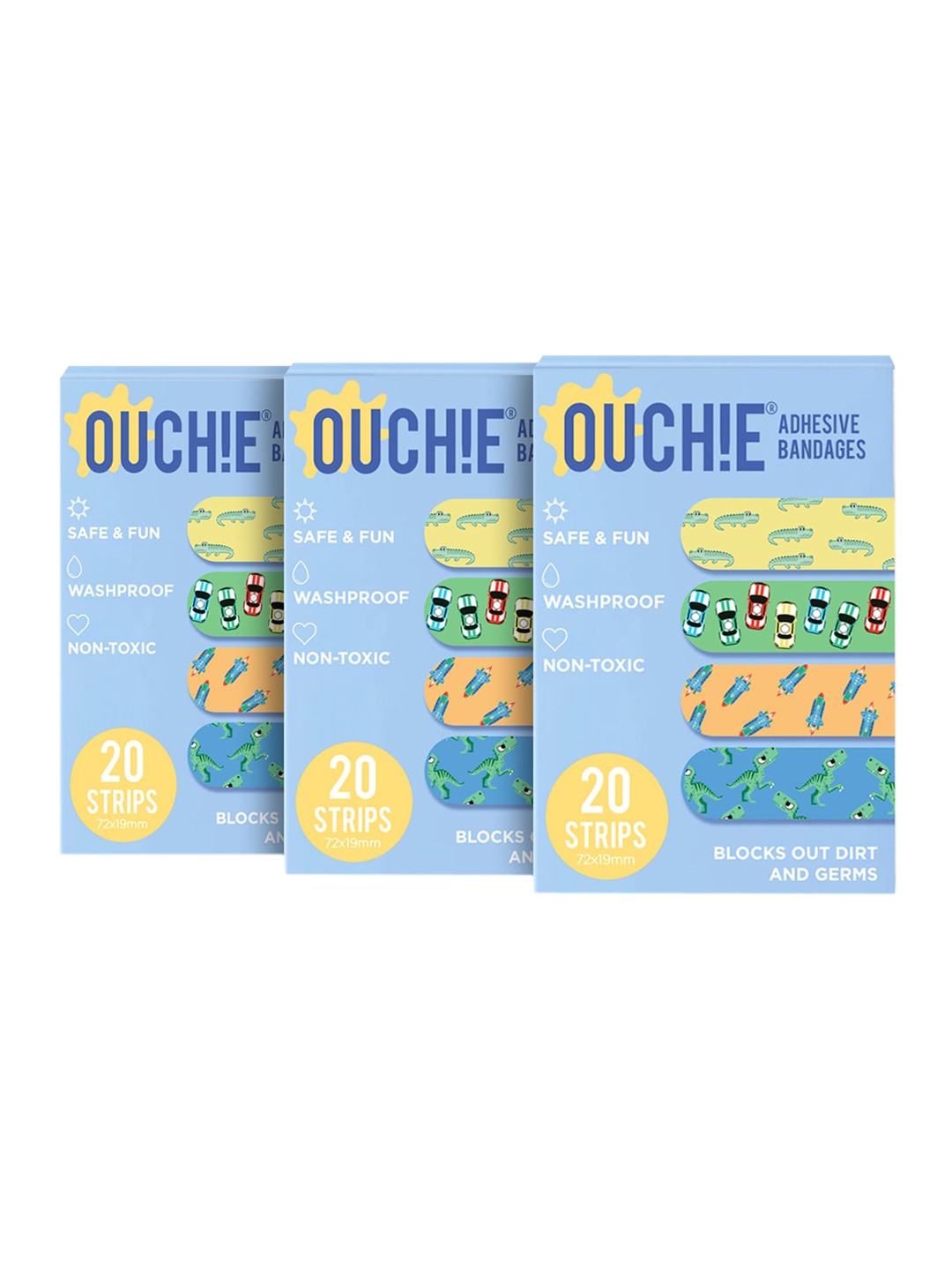 

OUCHIE Kids Set of 3 Blue Non-Toxic Printed Bandages - 20 Strips each