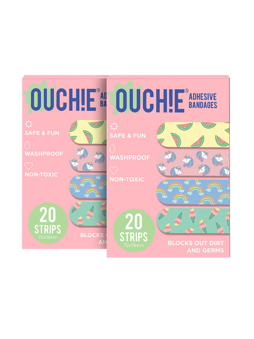

OUCHIE Kids Set of 2 Printed Non-Toxic Washproof Adhesive Bandages 20 Strips Each, Pink