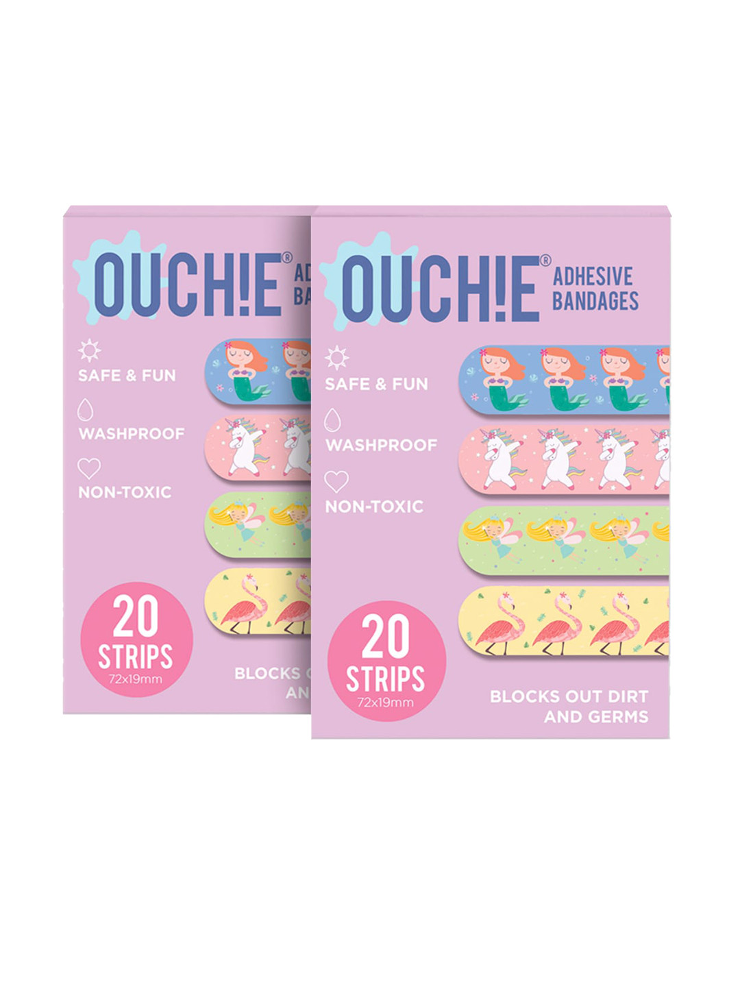 

OUCHIE Kids Set of 2 Printed Non-Toxic Washproof Adhesive Bandages 20 Strips Each, Lavender