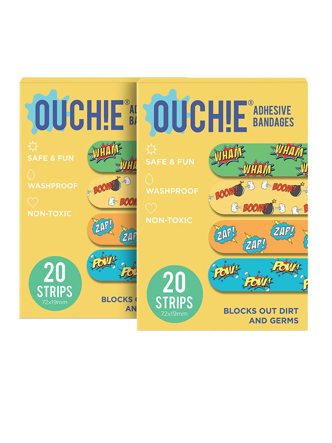 

OUCHIE Kids Set of 2 Printed Non-Toxic Washproof Adhesive Bandages 20 Strips Each, Yellow