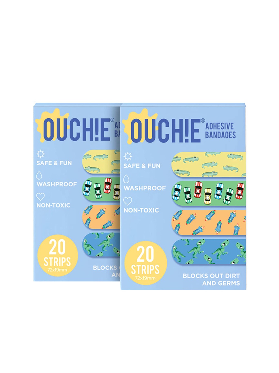 

OUCHIE Kids Set of 2 Printed Non-Toxic Washproof Adhesive Bandages 20 Strips Each, Blue