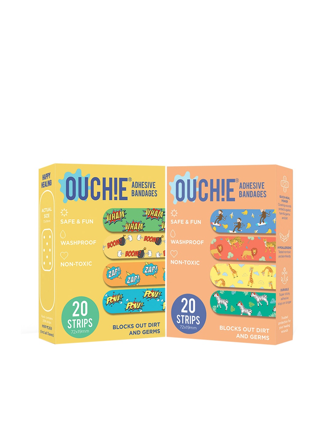 

OUCHIE Kids Set of 2 Printed Non-Toxic Washproof Adhesive Bandages 20 Strips Each, Yellow