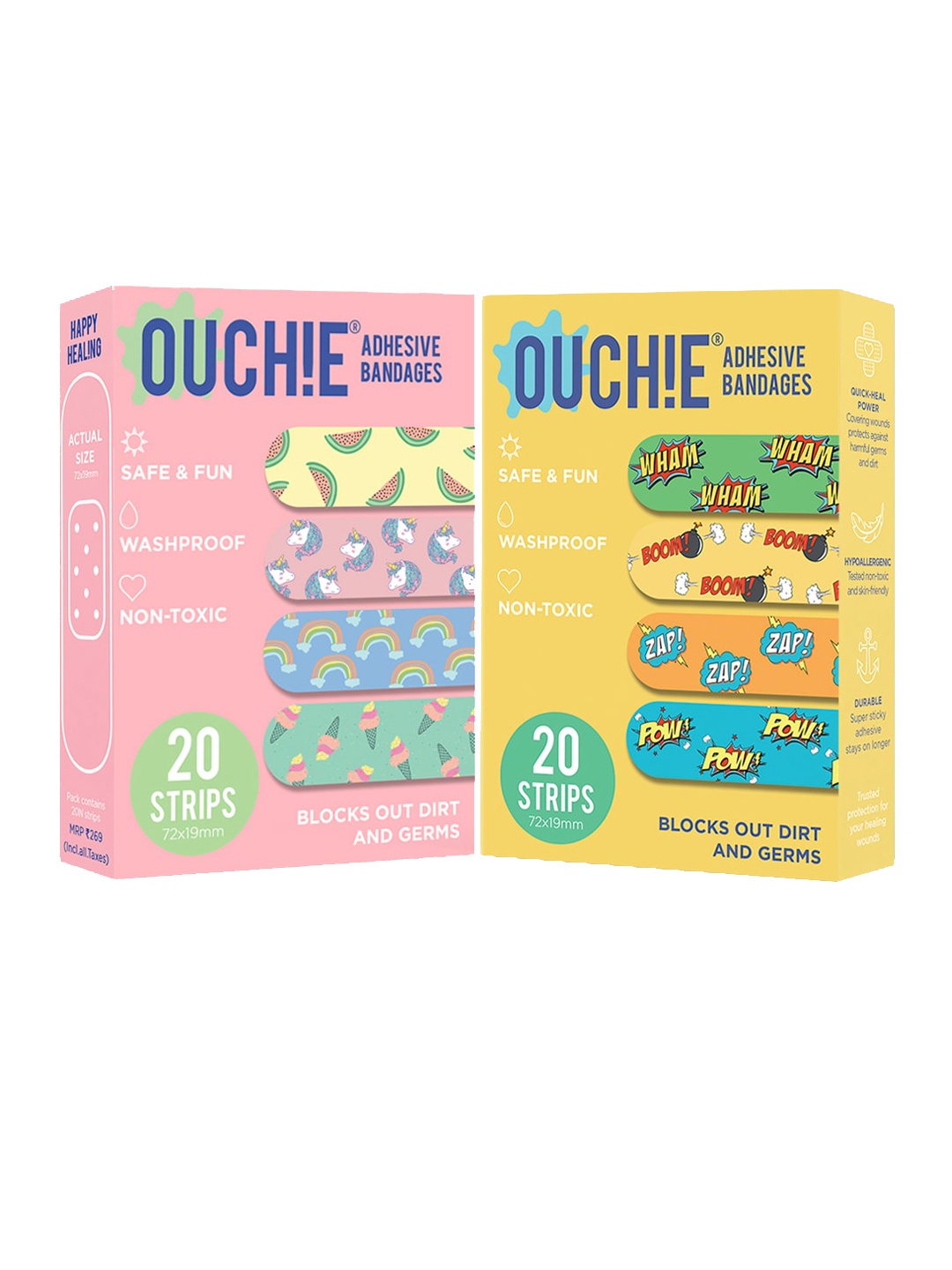 

OUCHIE Kids Set of 2 Printed Non-Toxic Washproof Adhesive Bandages 20 Strips Each, Pink