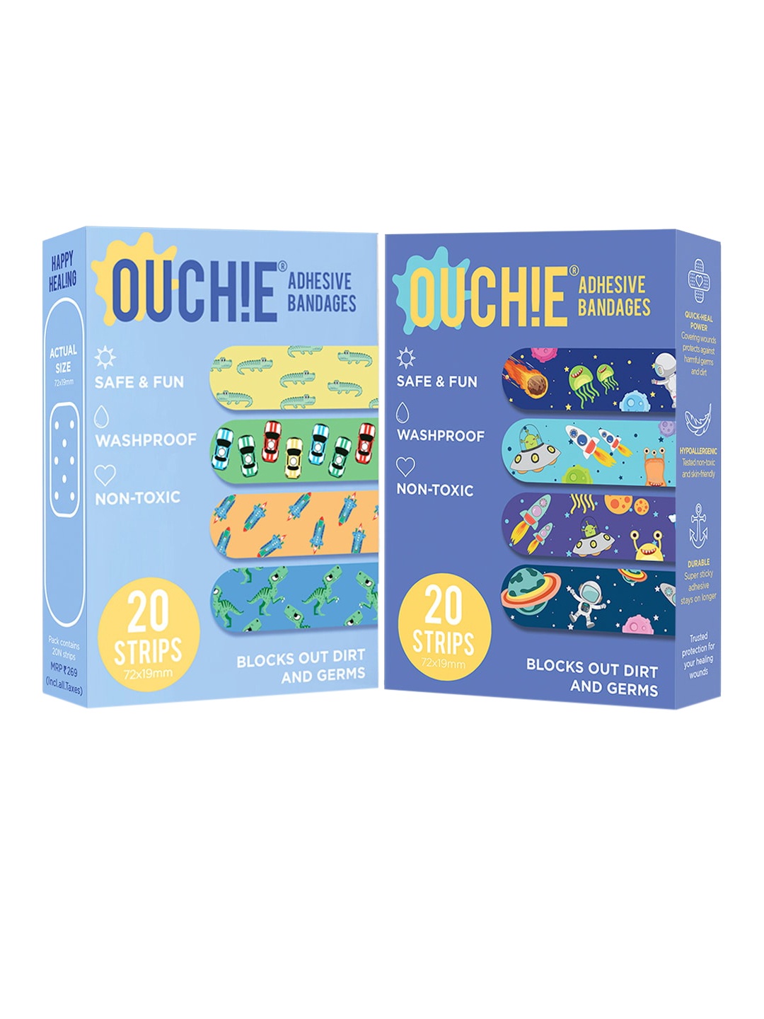 

OUCHIE Kids Set of 2 Printed Non-Toxic Washproof Adhesive Bandages 20 Strips Each, Blue