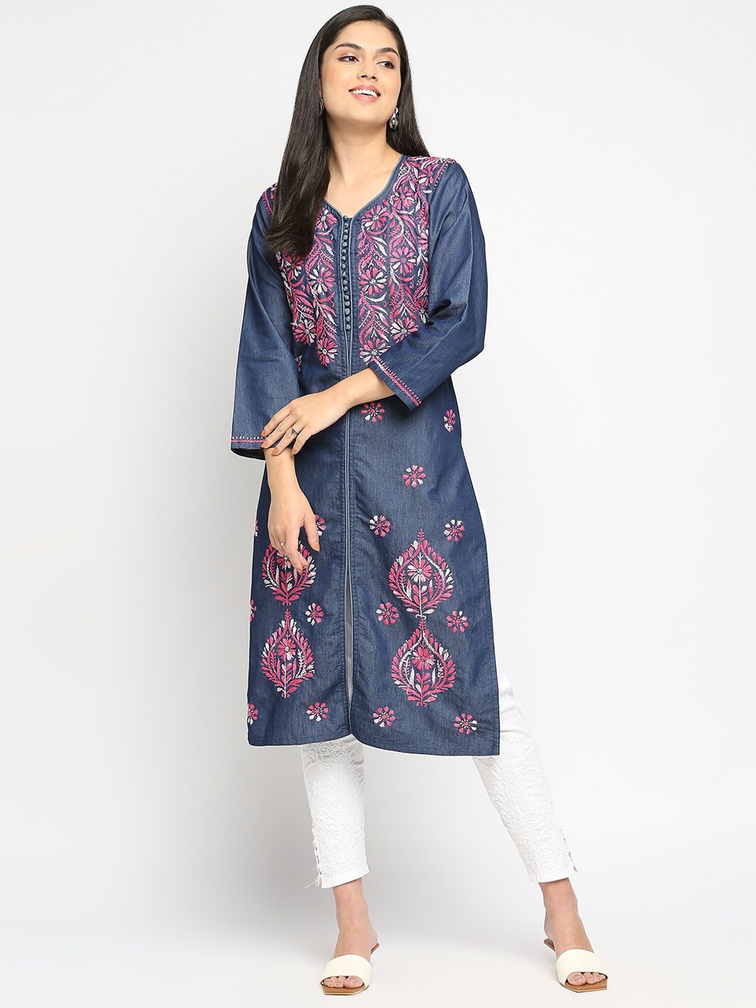 

Indiankala4u Women Blue Ethnic Motifs Embroidered Flared Sleeves Kurta