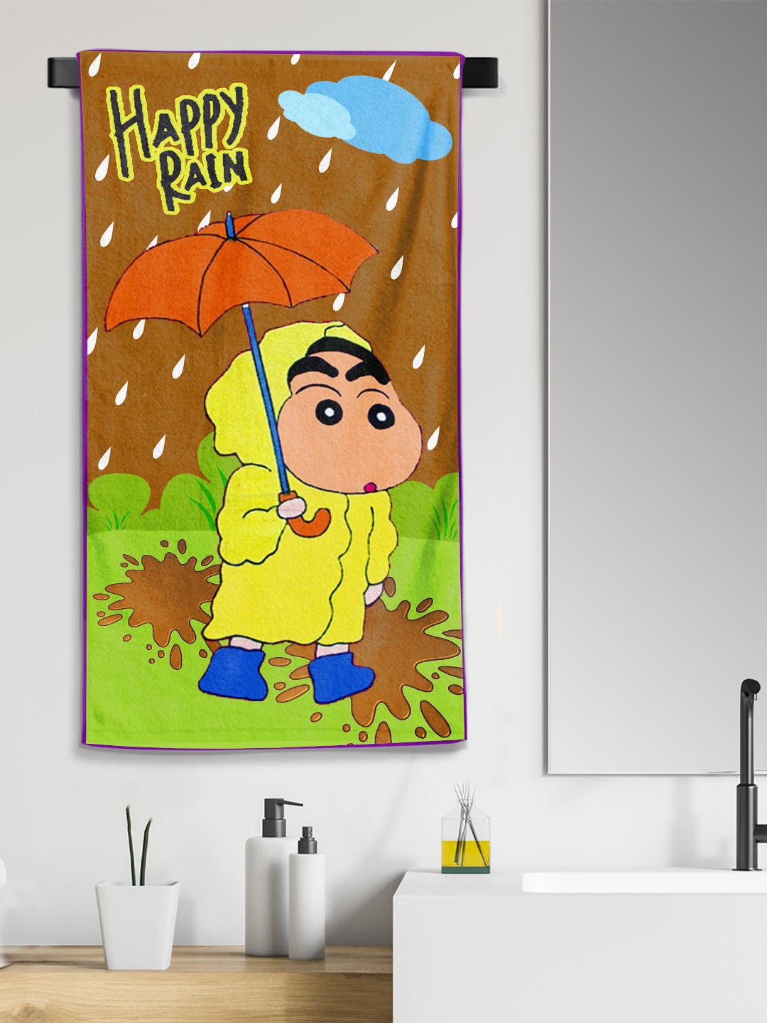 

YK Kids Yellow & Brown Shin-chan Printed Organic Cotton 260 GSM Bath Towel