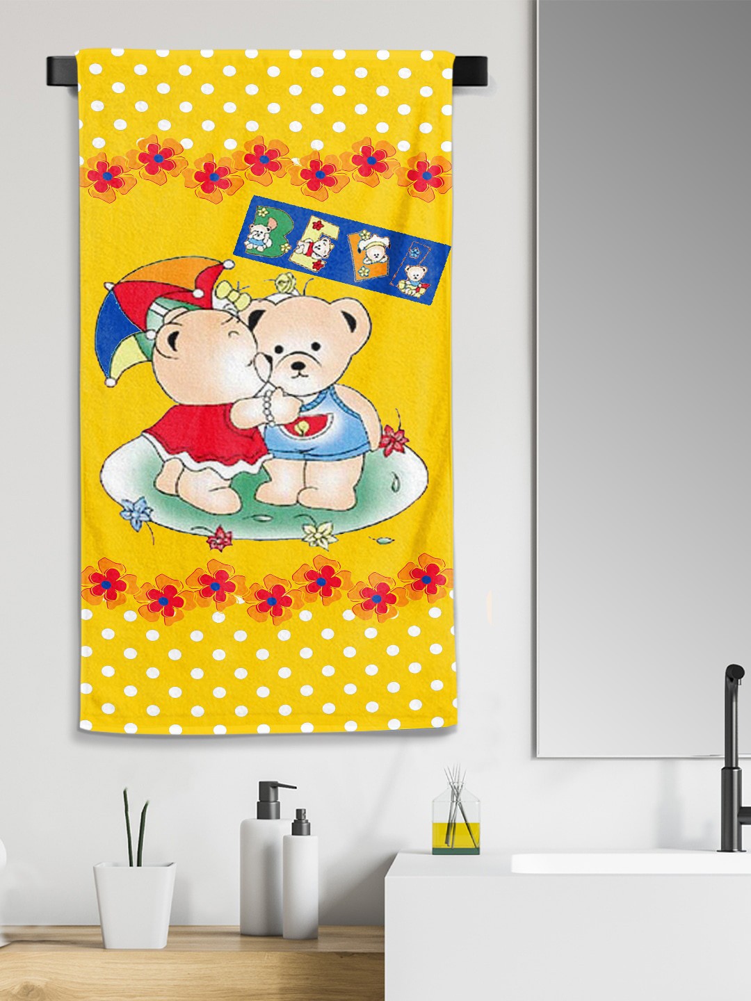 

YK Kids Teddy Cartoon Printed Large Cotton Bath Towel in 300 GSM, Yellow