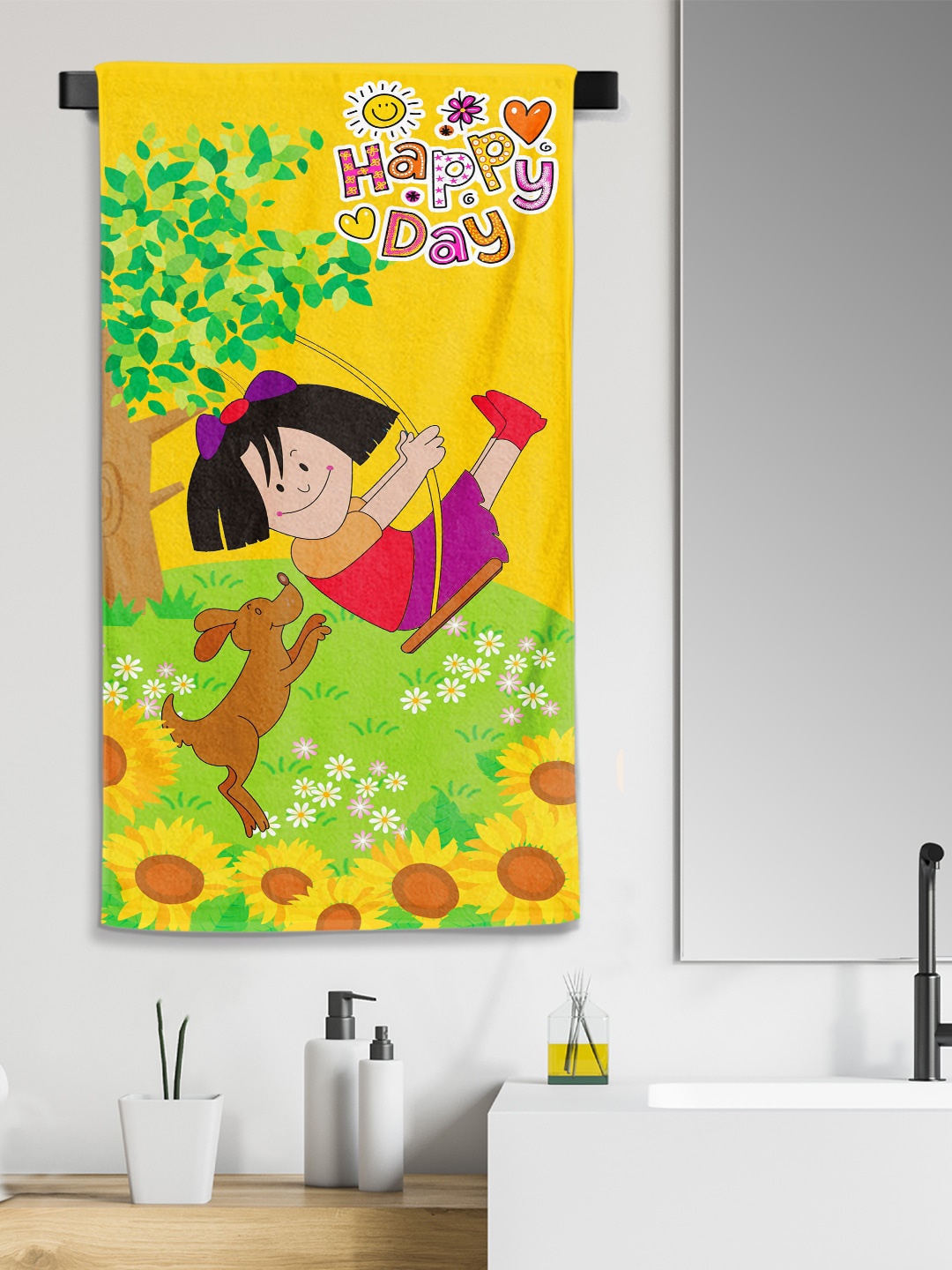 

YK Kids Yellow & Green Cartoon Printed 260 GSM Terry Cotton Bath Towel