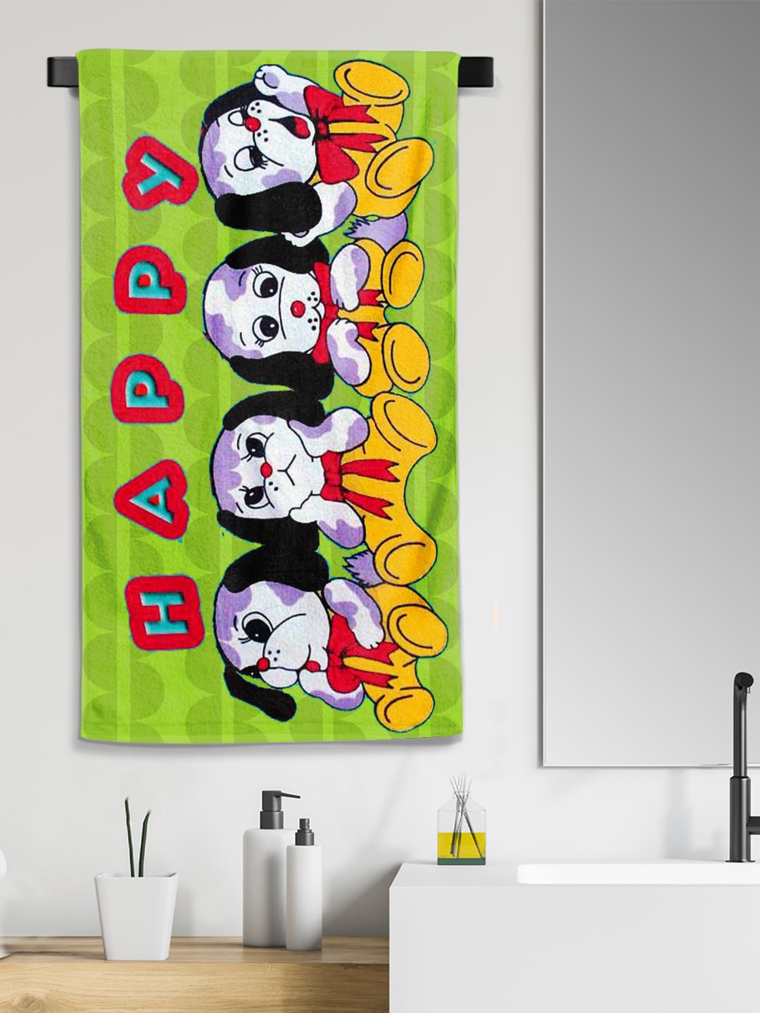 

YK Kids Happy Dog Printed Small Cotton Bath Towel in 300 GSM, Green