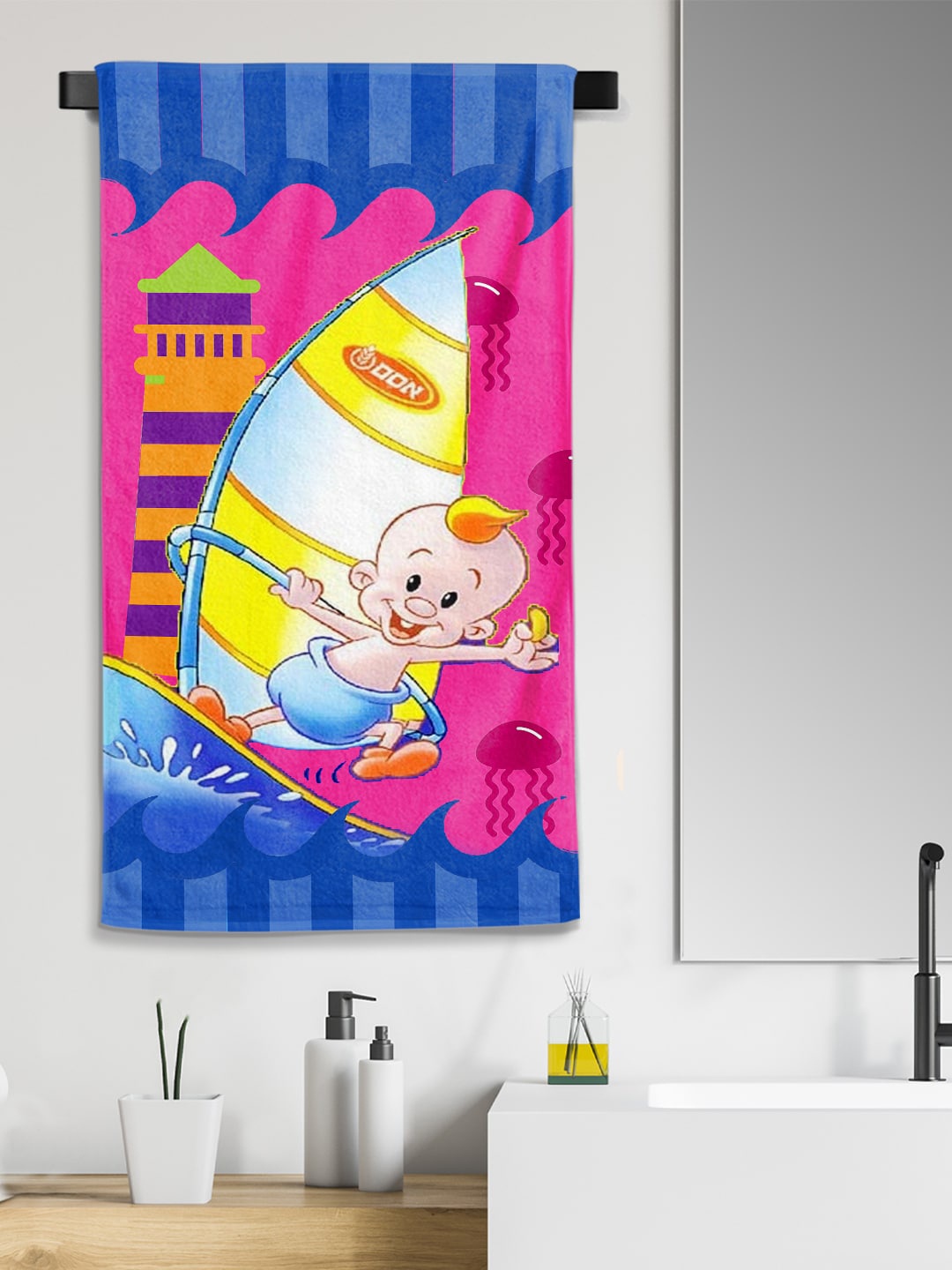 

YK Kids Cartoon Printed Large Cotton Bath Towel in 300 GSM, Blue