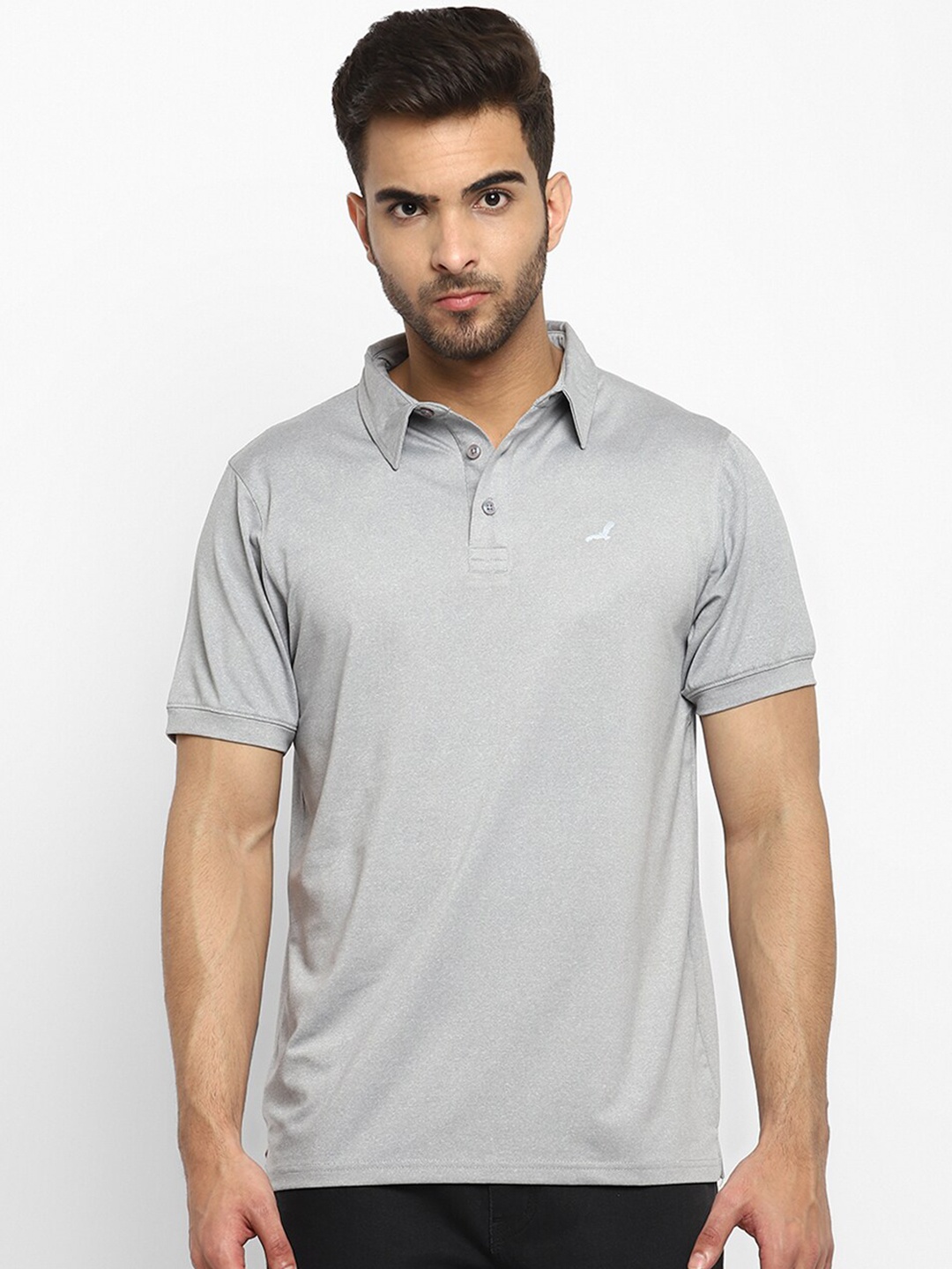 

American Crew Men Grey Melange Polo Collar Stretchable Sports T-shirt