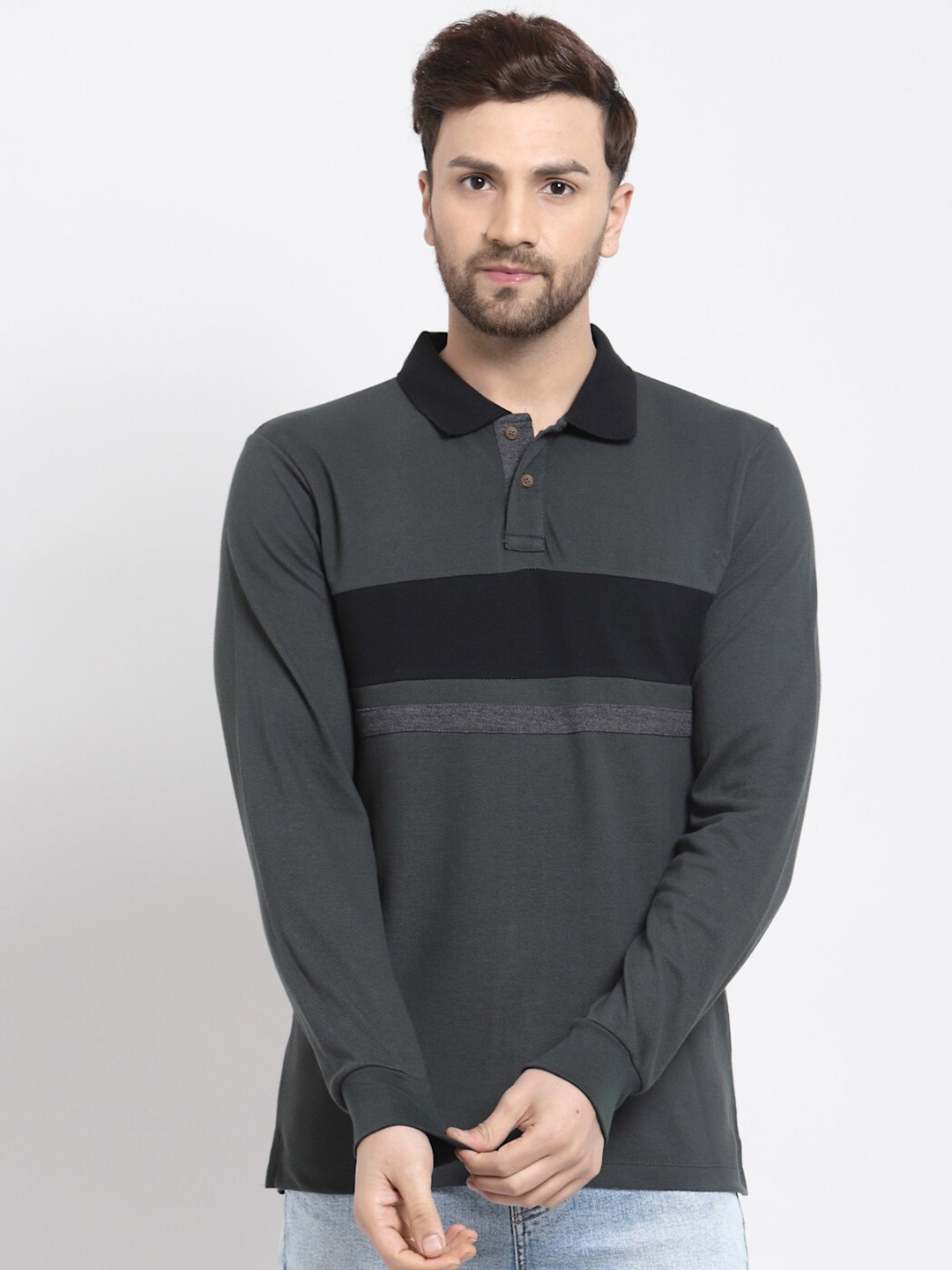 

Kalt Men Charcoal Grey & Black Striped Polo Collar T-shirt