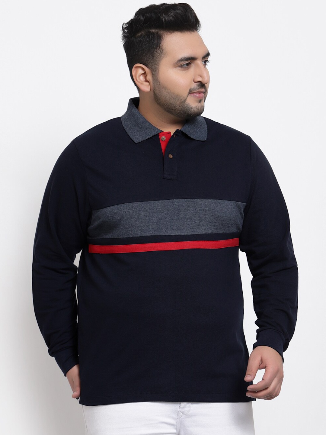

Kalt Men Plus Size Navy Blue Striped Polo Collar T-shirt