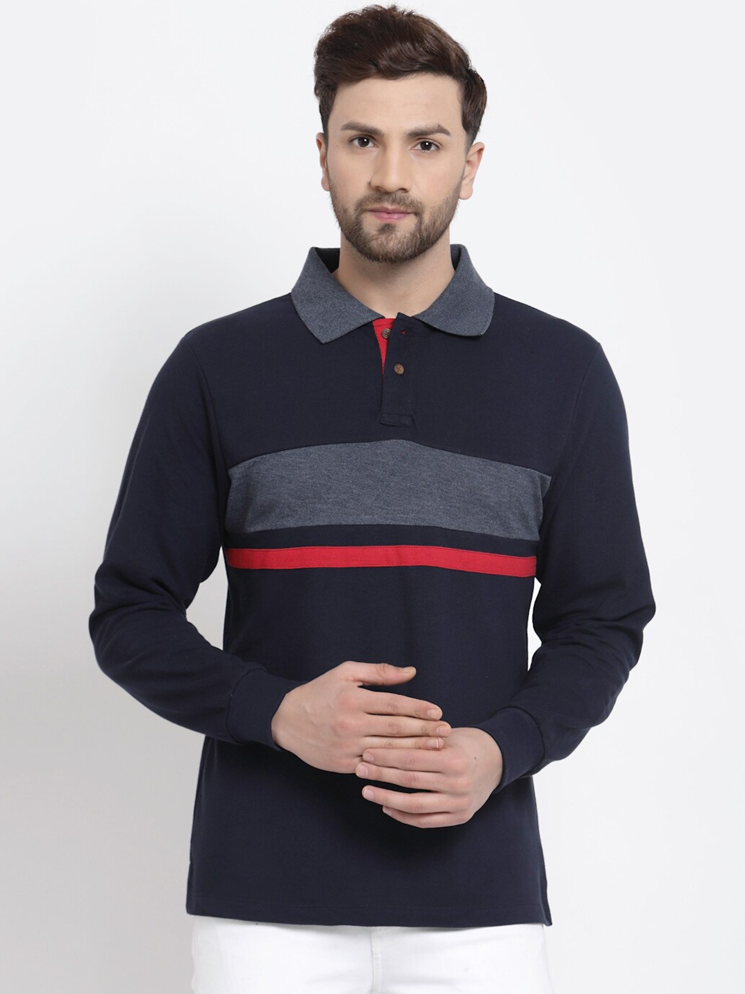 

Kalt Men Navy Blue & Red Striped Polo Collar T-shirt