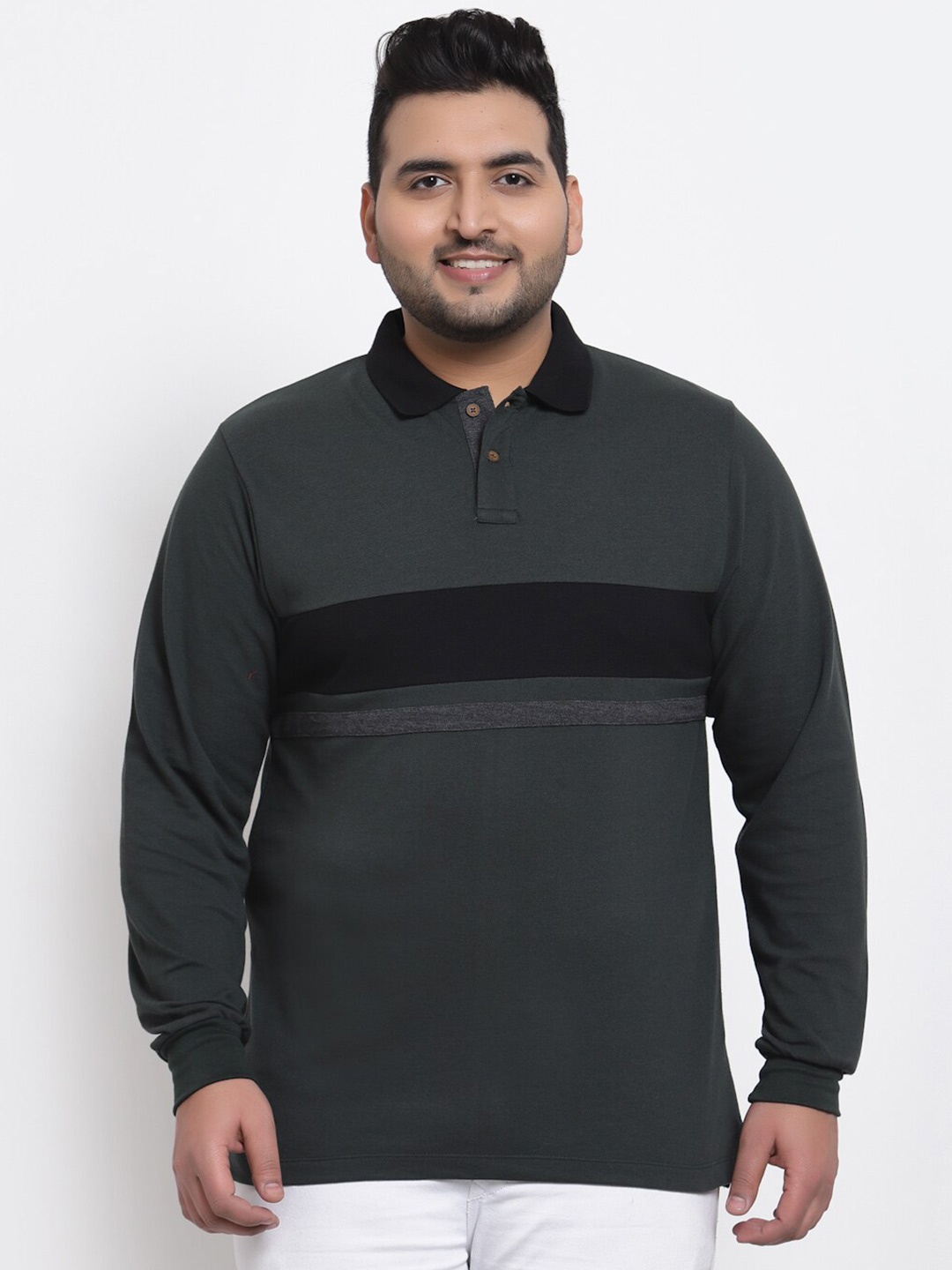 

Kalt Men Plus Size Charcoal Grey Striped Polo Collar T-shirt