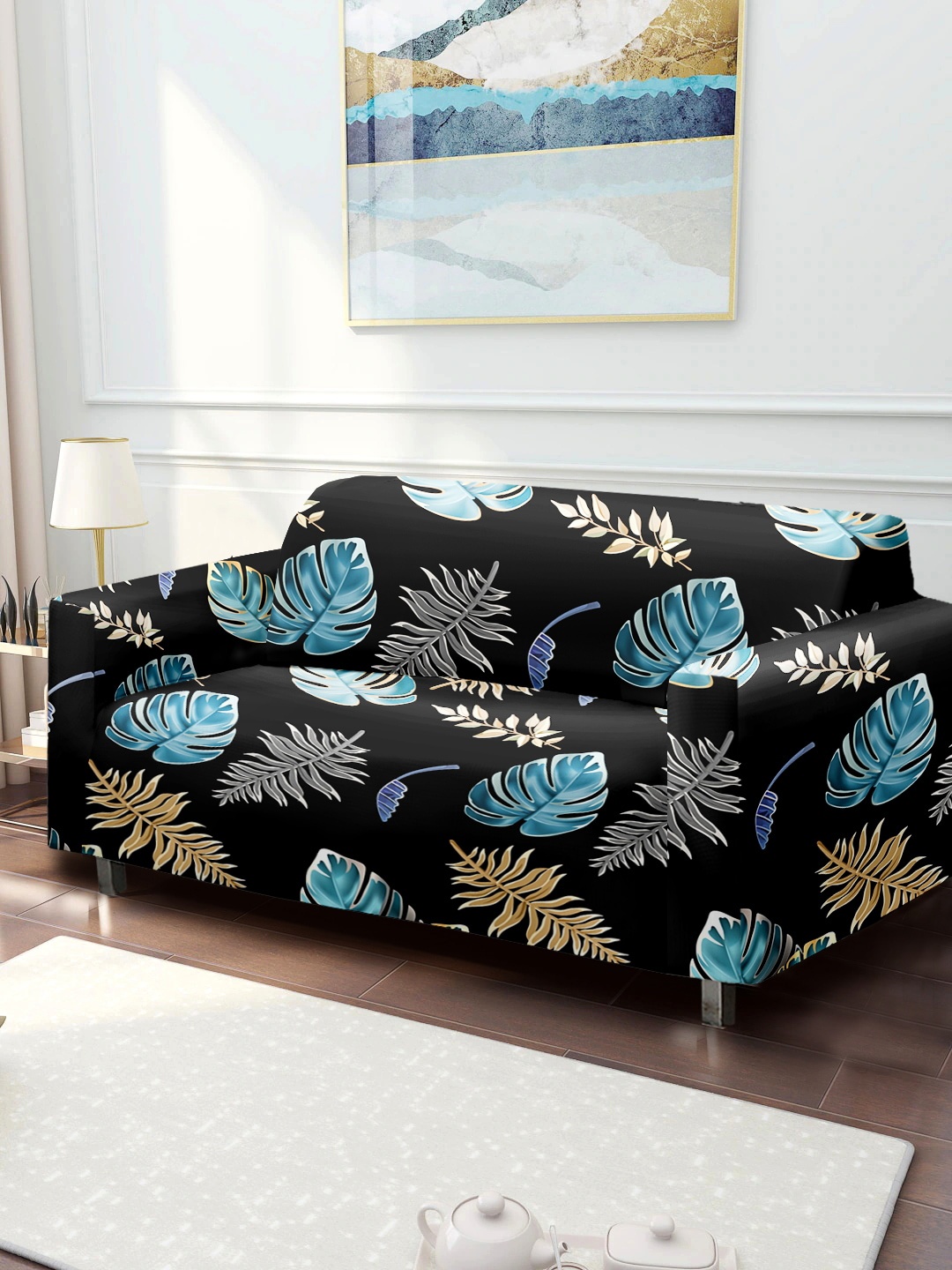 

Cortina Black & Blue Printed 2-Seater Stretchable Non-Slip Sofa Slipcover