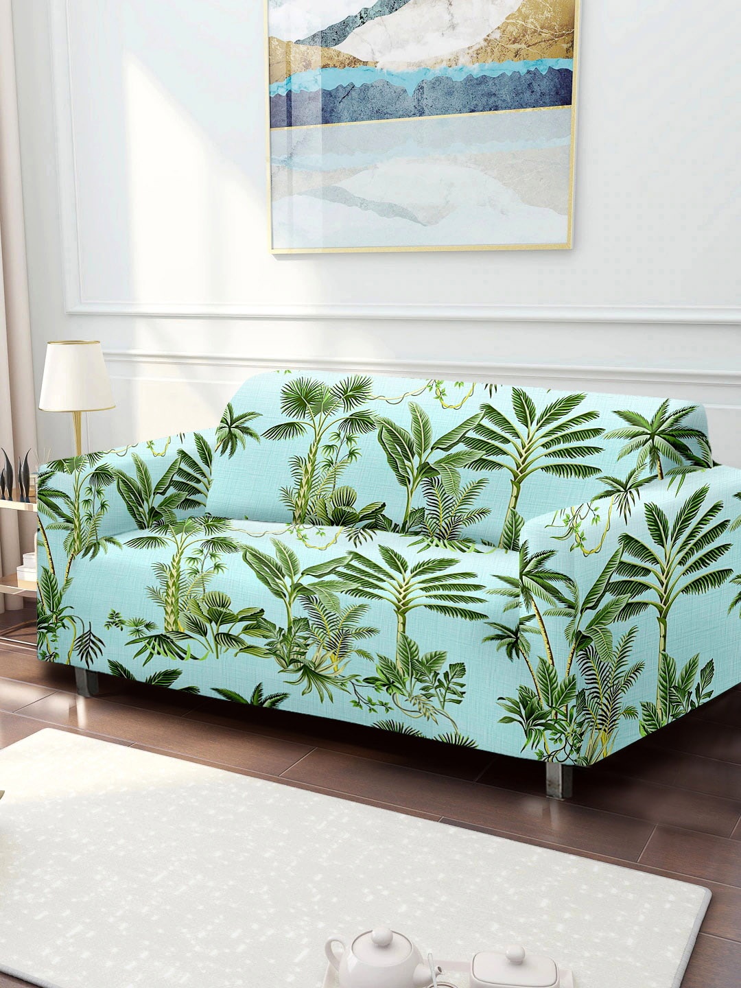Cortina Blue & Green Printed 1-Seater Stretchable Non-Slip Sofa Slipcover, Turquoise blue