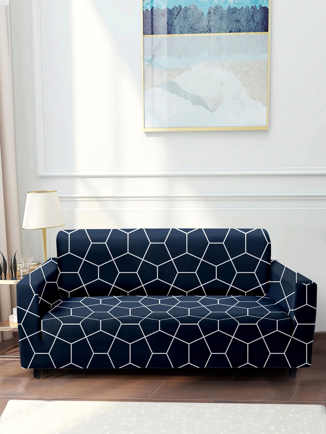 Cortina Navy Blue Printed 1-Seater Stretchable Non-Slip Sofa Slipcover