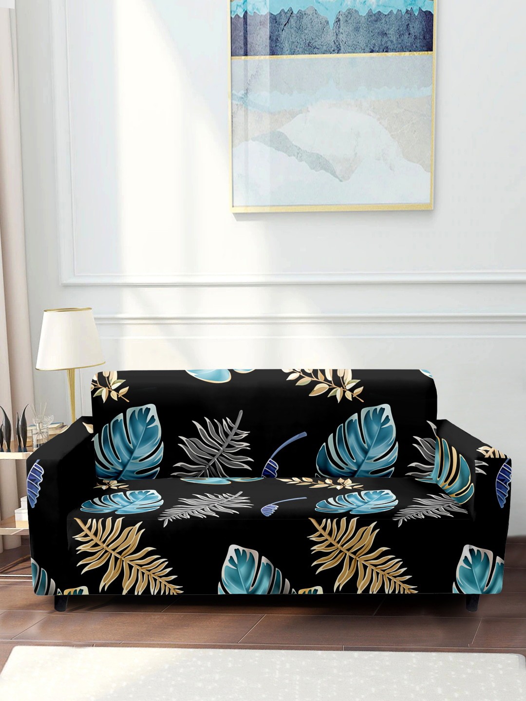 

Cortina Black & Blue Printed 2-Seater Stretchable Non-Slip Sofa Slipcover