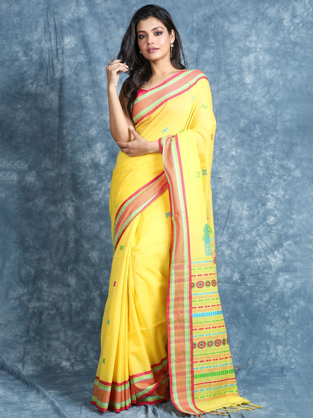 

Charukriti Yellow & Fuchsia Woven Design Pure Cotton Saree