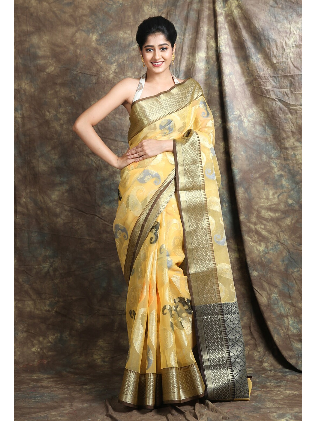 

Charukriti Yellow & Grey Woven Design Organza Saree